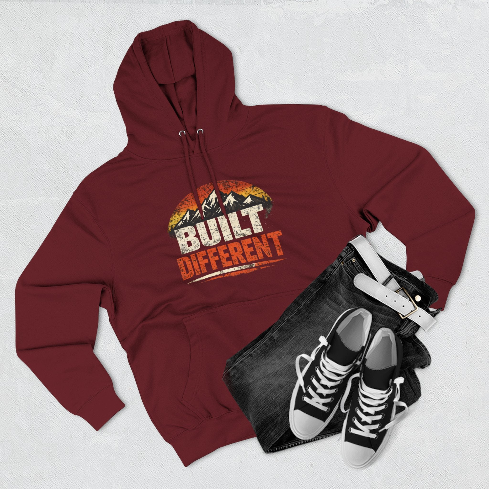 Built Different Hoodie — Retro Mountain "Train Harder, Work Harder" Graphic Hoodie