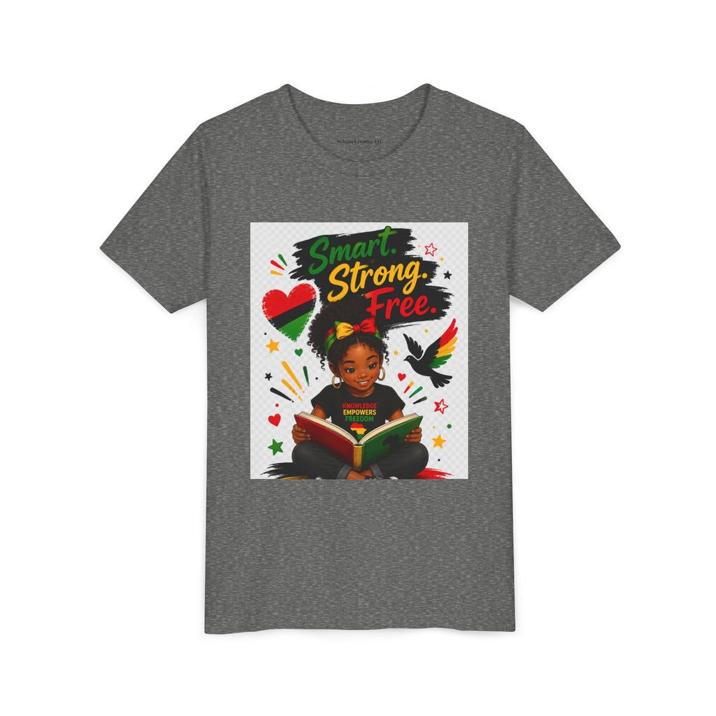 Juneteenth Youth Tee — "Smart. Strong. Free." Black Girl Reading Graphic Kid Shirt