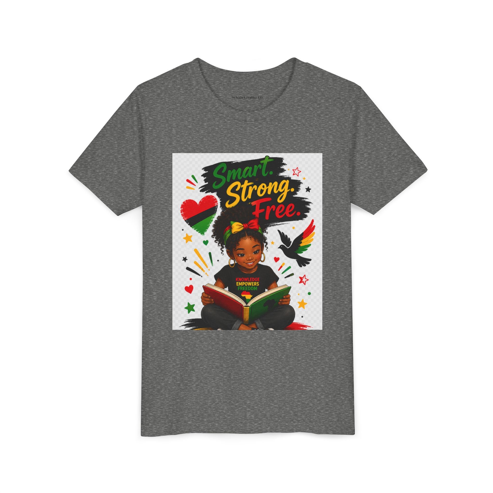 Juneteenth Youth Tee — "Smart. Strong. Free." Black Girl Reading Graphic Kid Shirt