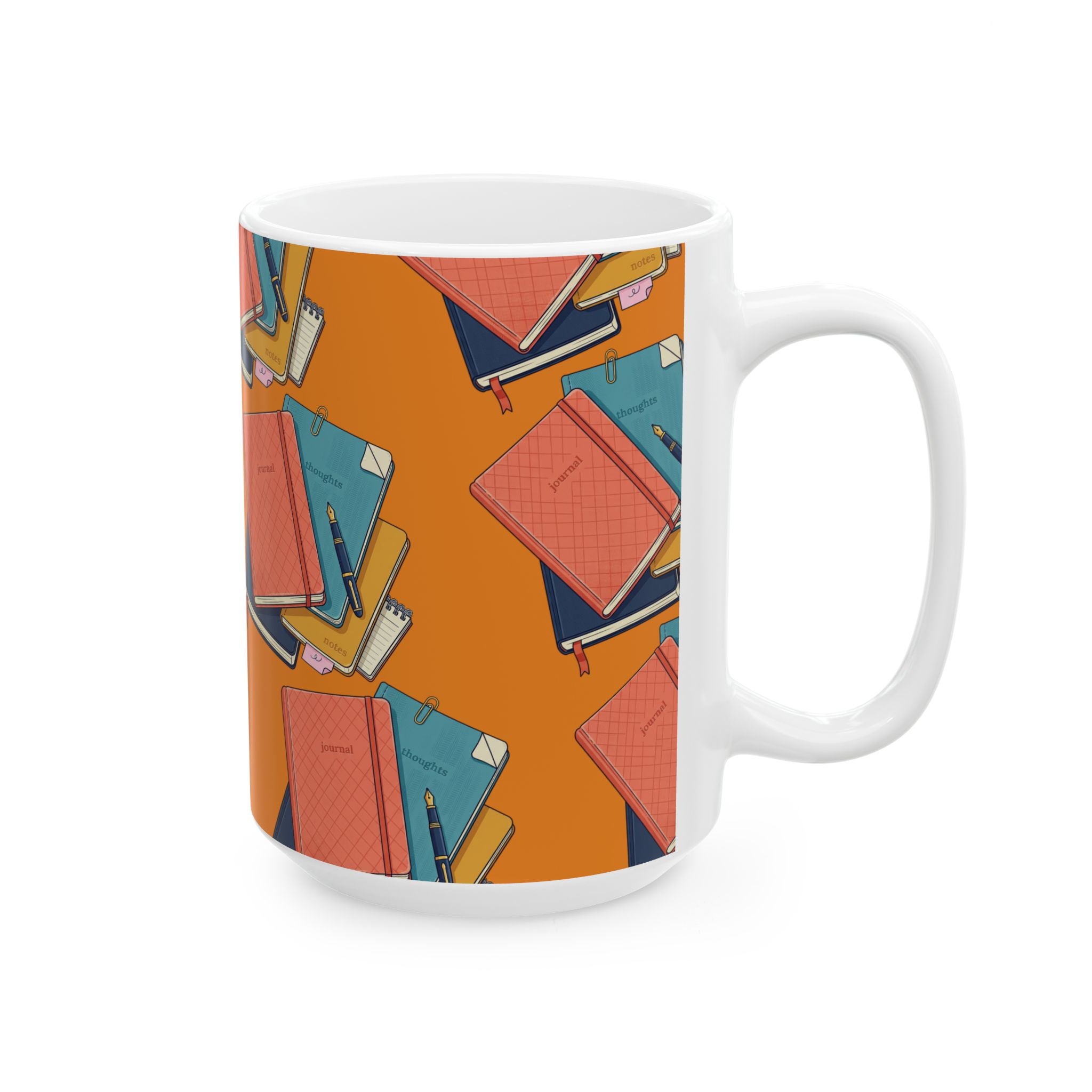 Notebook Stack Ceramic Mug — Cozy Orange Journaling Mug (11oz & 15oz)