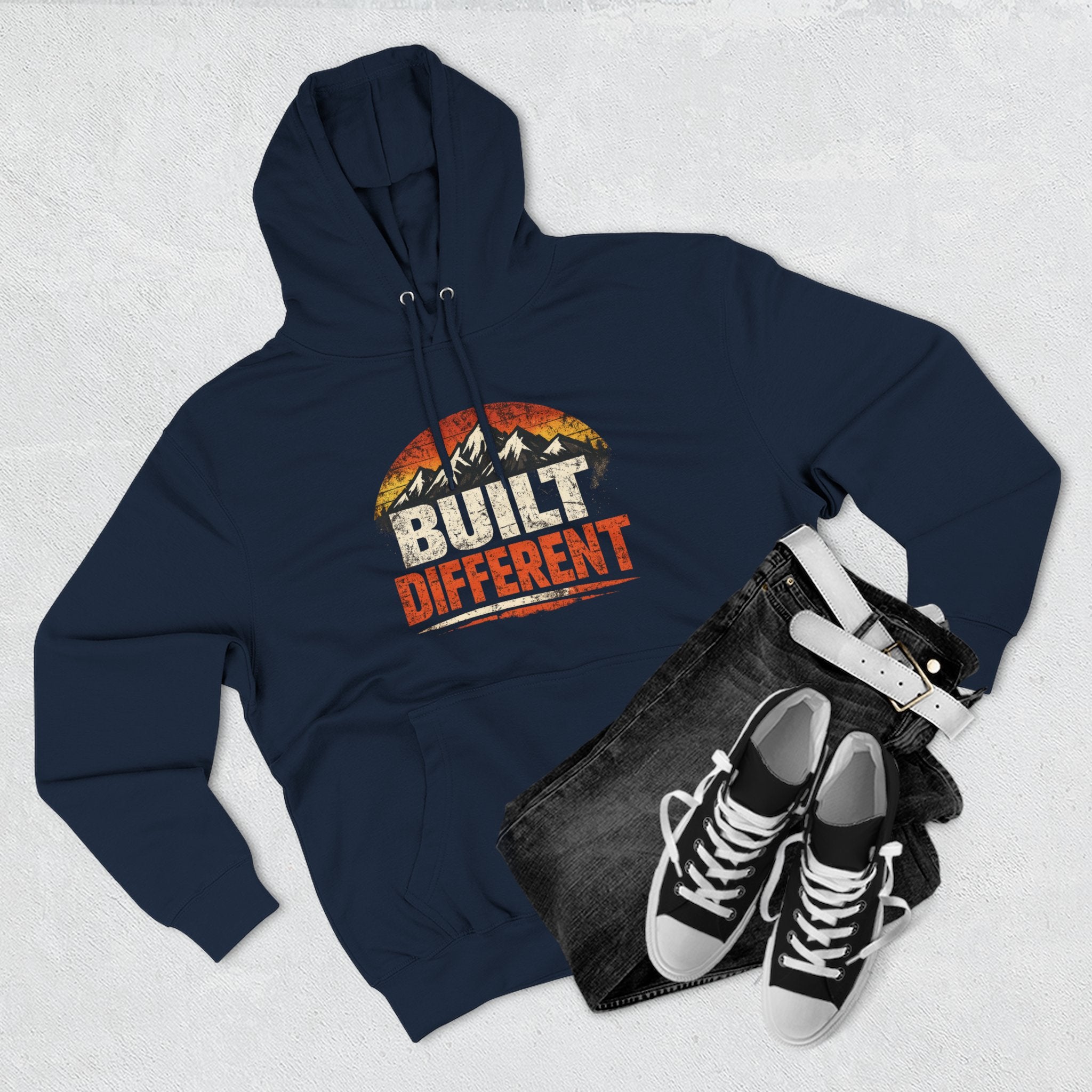 Built Different Hoodie — Retro Mountain "Train Harder, Work Harder" Graphic Hoodie