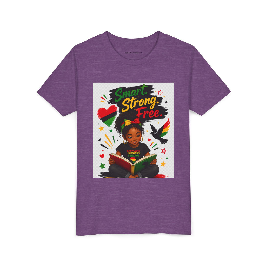 Juneteenth Youth Tee — "Smart. Strong. Free." Black Girl Reading Graphic Kid Shirt