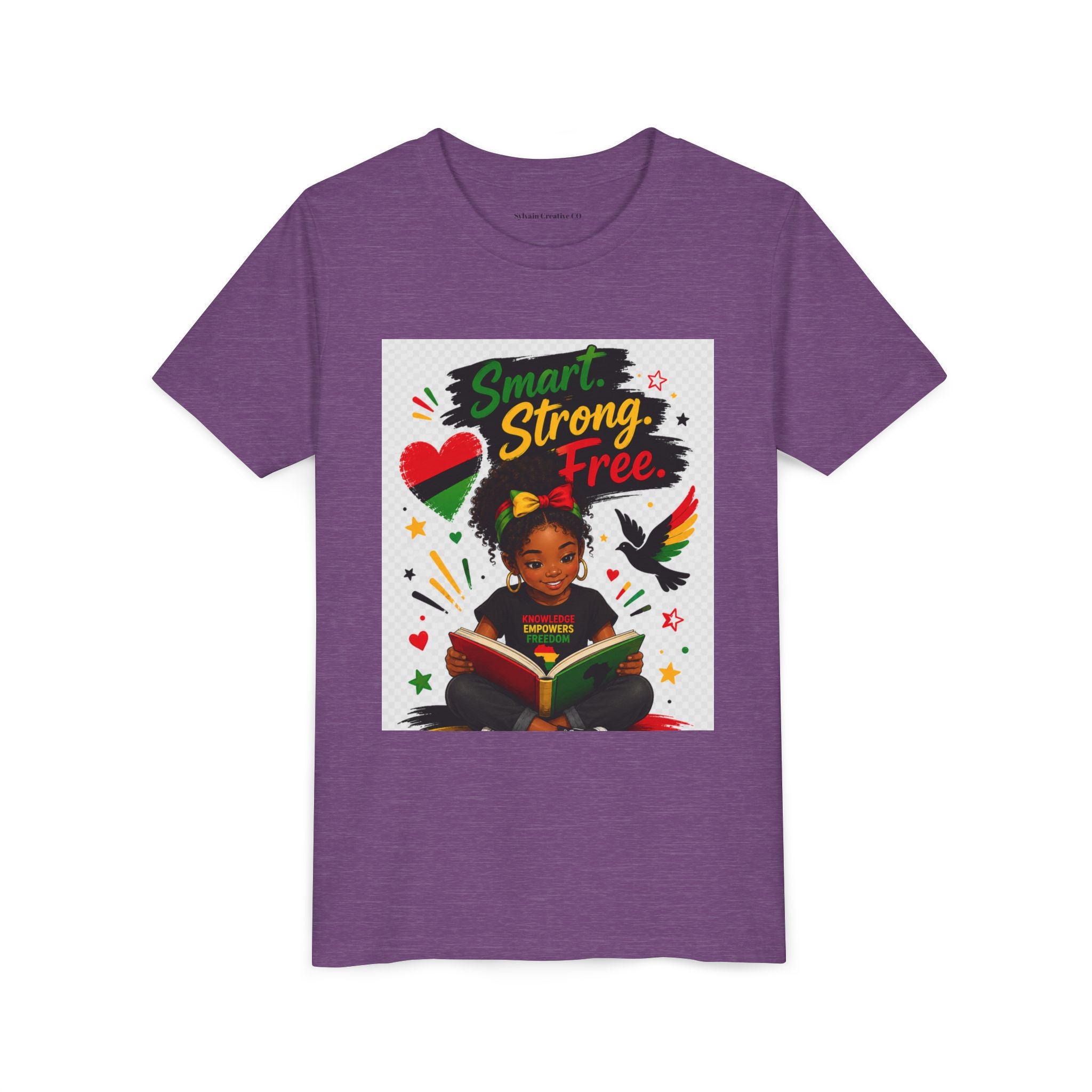 Juneteenth Youth Tee — "Smart. Strong. Free." Black Girl Reading Graphic Kid Shirt