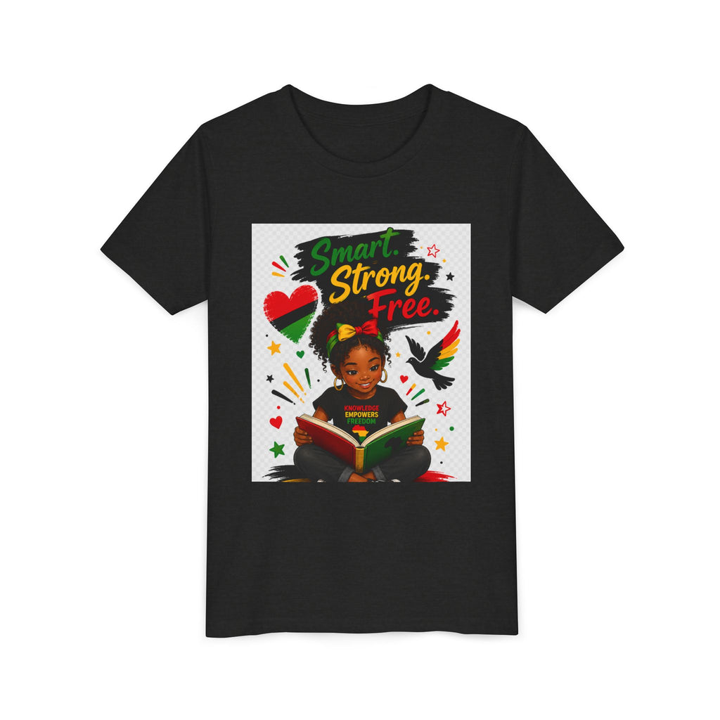 Juneteenth Youth Tee — "Smart. Strong. Free." Black Girl Reading Graphic Kid Shirt