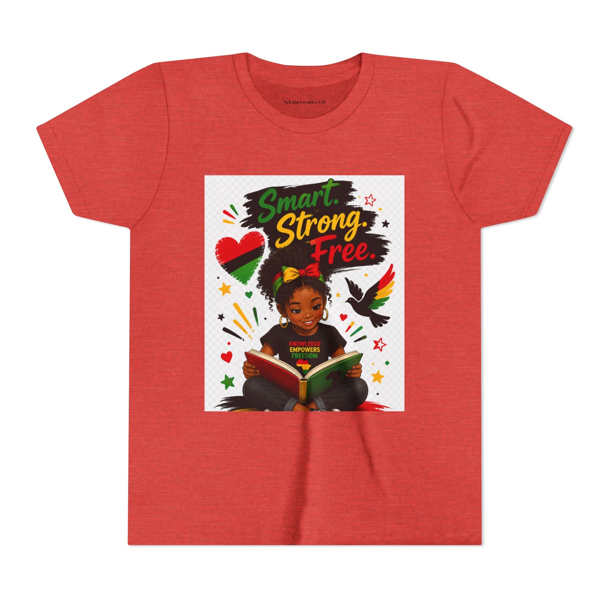 Juneteenth Youth Tee — "Smart. Strong. Free." Black Girl Reading Graphic Kid Shirt