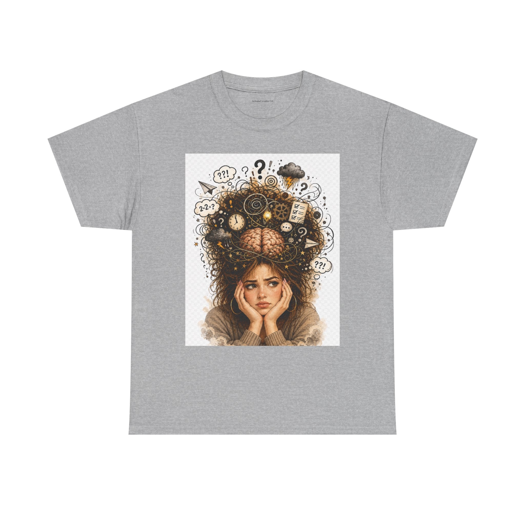 T-Shirt — Daydreaming Girl Illustration Tee (clock & question mark design)