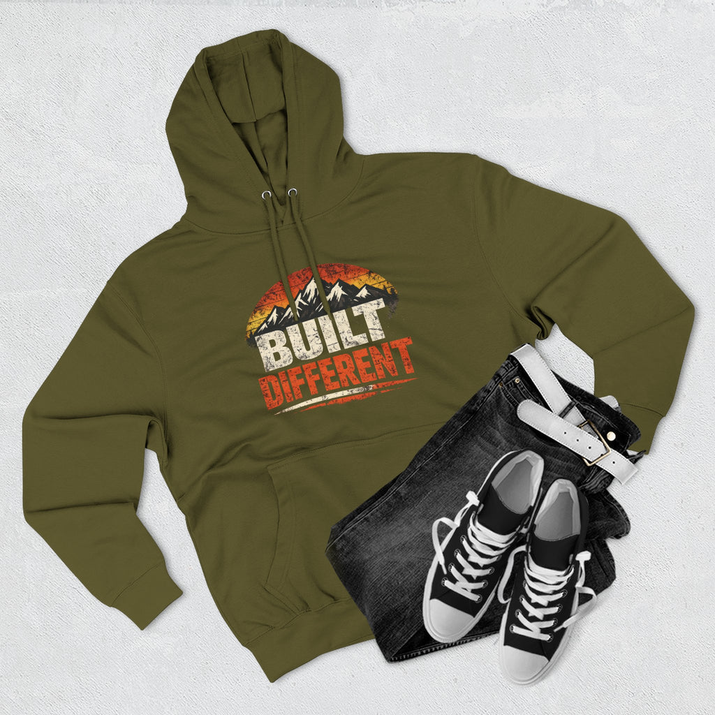 Built Different Hoodie — Retro Mountain "Train Harder, Work Harder" Graphic Hoodie
