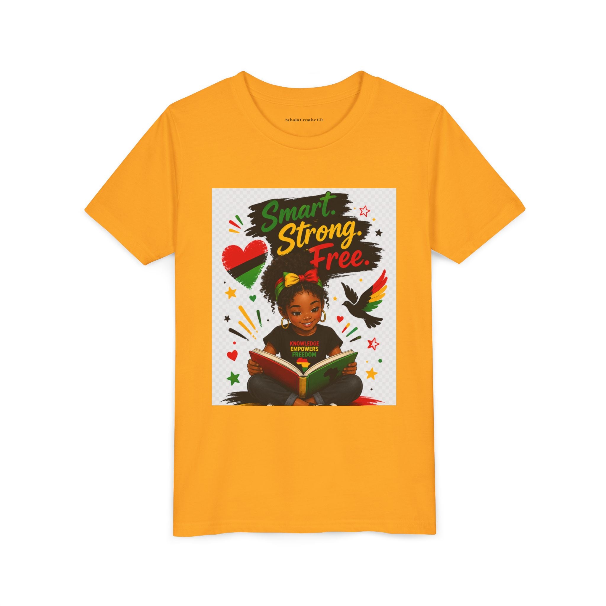 Juneteenth Youth Tee — "Smart. Strong. Free." Black Girl Reading Graphic Kid Shirt