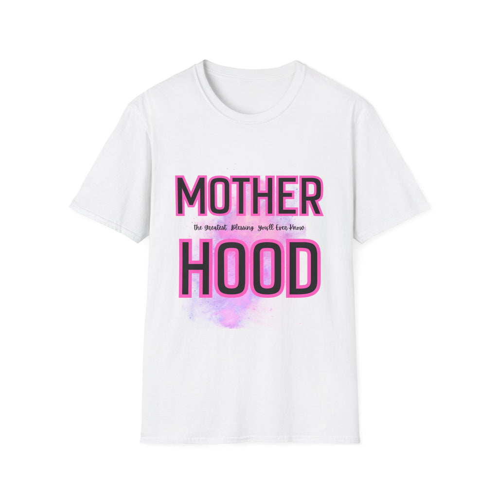 Motherhood Hood T‑Shirt — "Mother Hood" Bold Pink Typography Tee for New Moms & Mother's Day