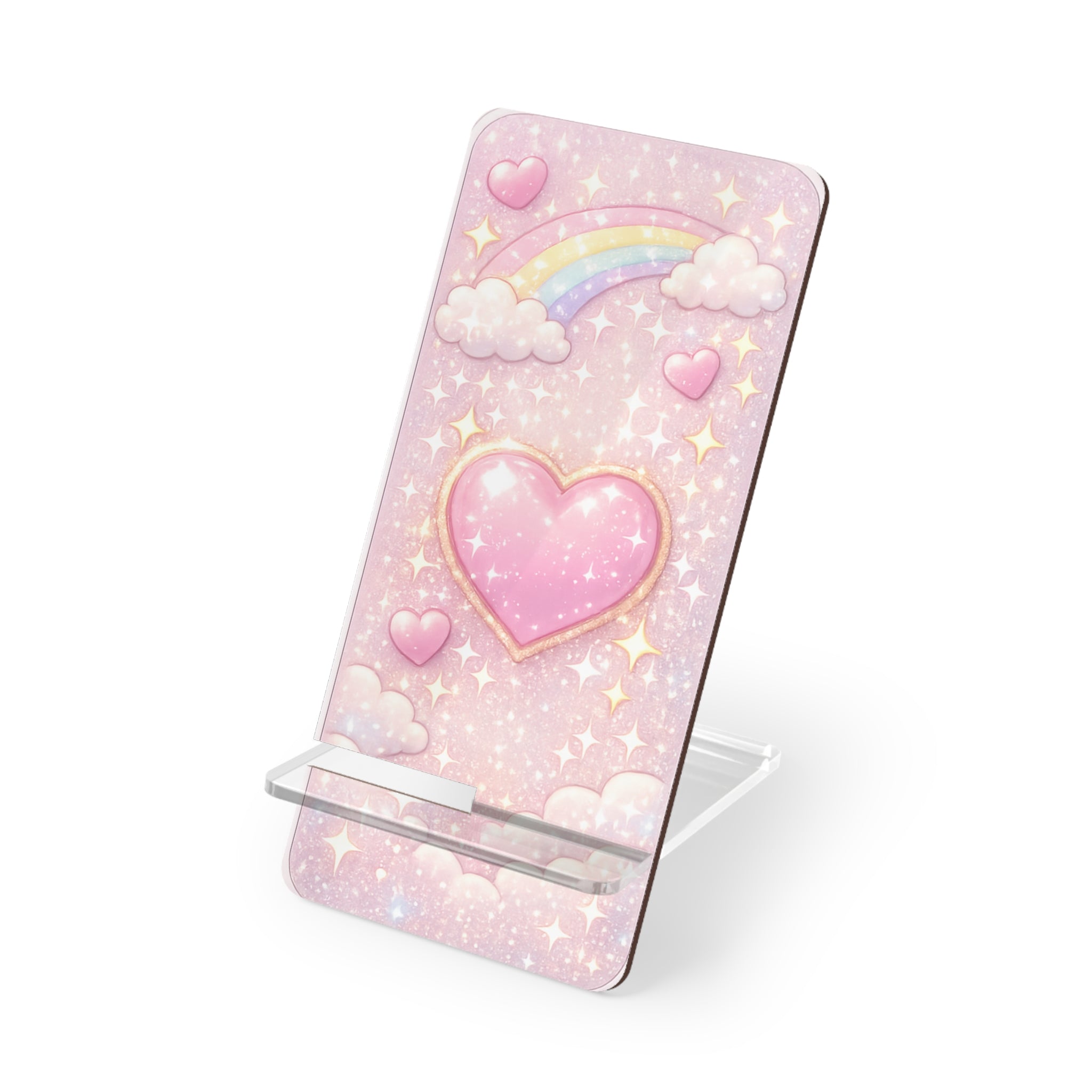 Cute Pink Heart & Rainbow Phone Stand — Foldable Mobile Display Stand for Smartphones