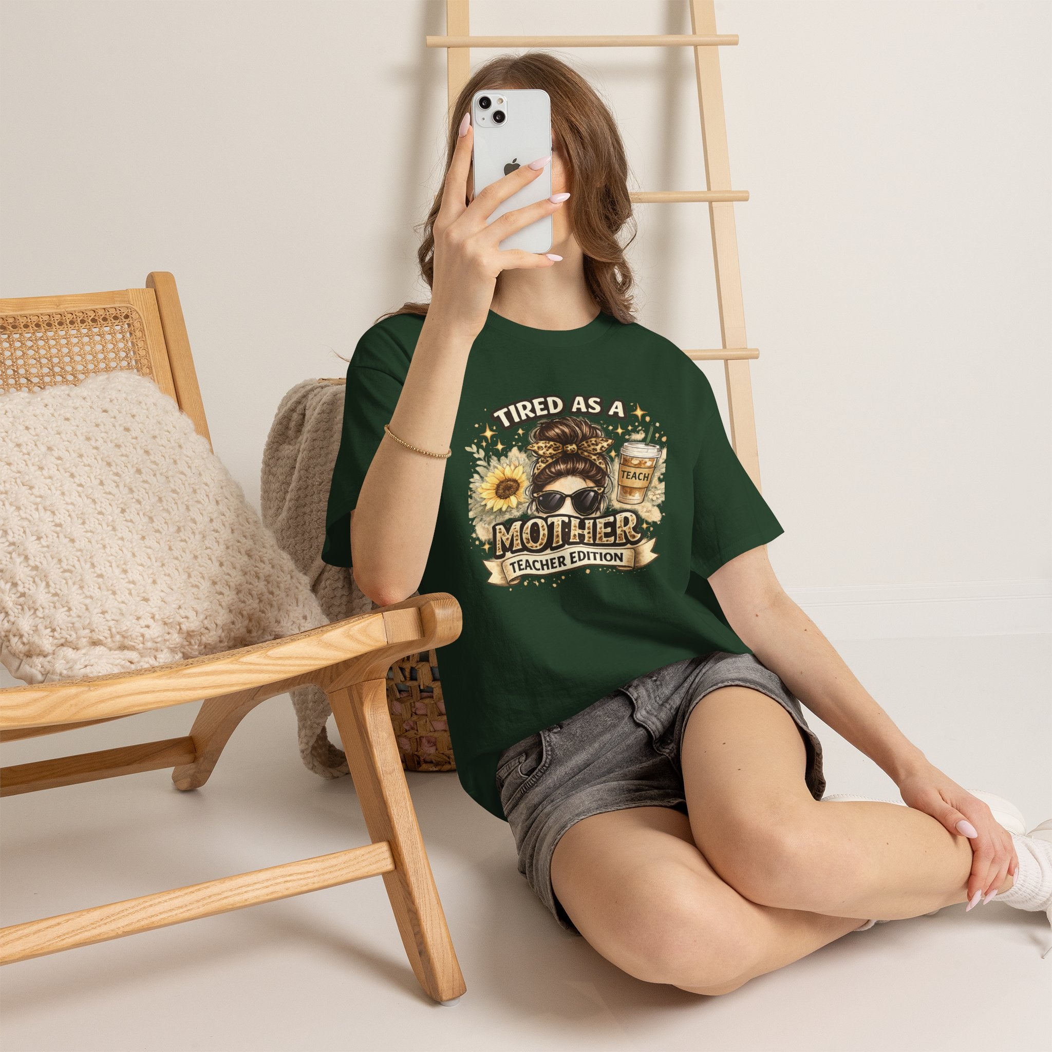 T-Shirt — "Tired as a Mother: Teacher Edition" Graphic Tee (Sunflower & Coffee Design)