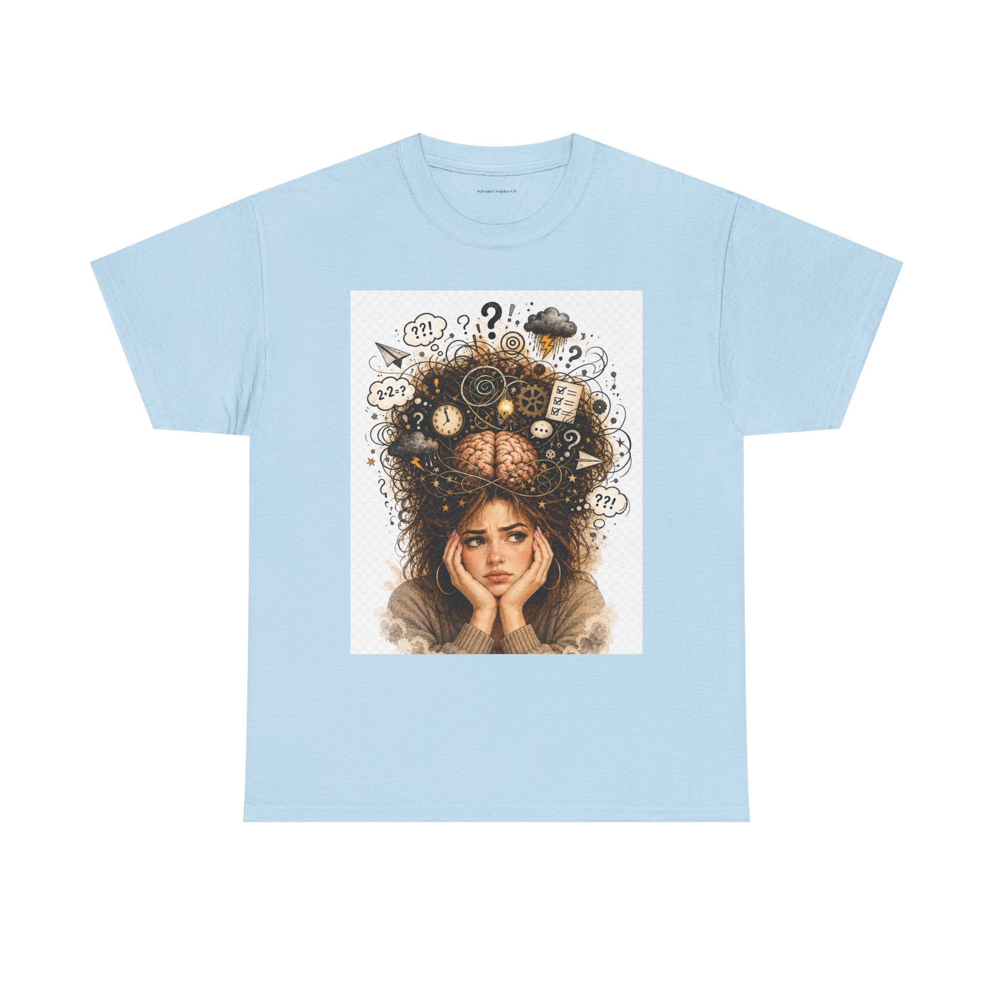 T-Shirt — Daydreaming Girl Illustration Tee (clock & question mark design)