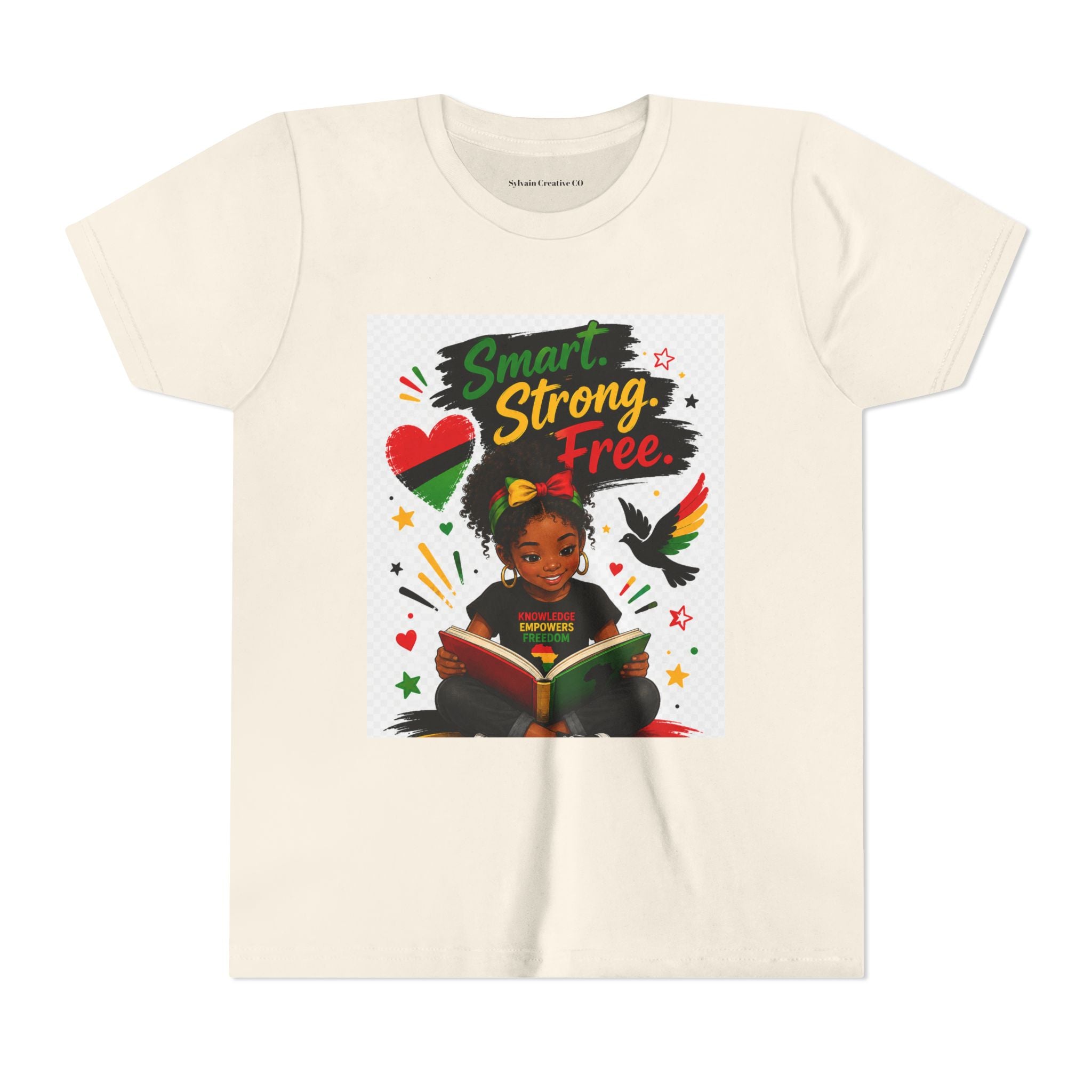 Juneteenth Youth Tee — "Smart. Strong. Free." Black Girl Reading Graphic Kid Shirt