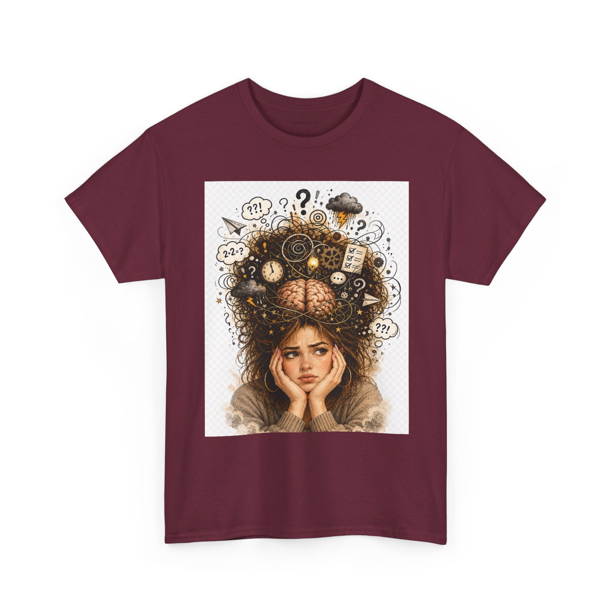 T-Shirt — Daydreaming Girl Illustration Tee (clock & question mark design)