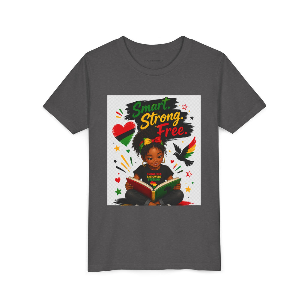 Juneteenth Youth Tee — "Smart. Strong. Free." Black Girl Reading Graphic Kid Shirt