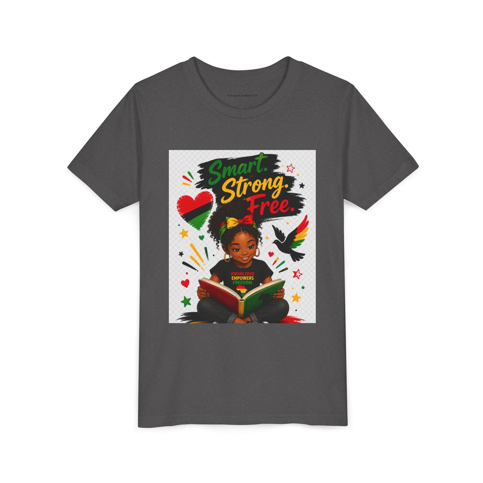Juneteenth Youth Tee — "Smart. Strong. Free." Black Girl Reading Graphic Kid Shirt