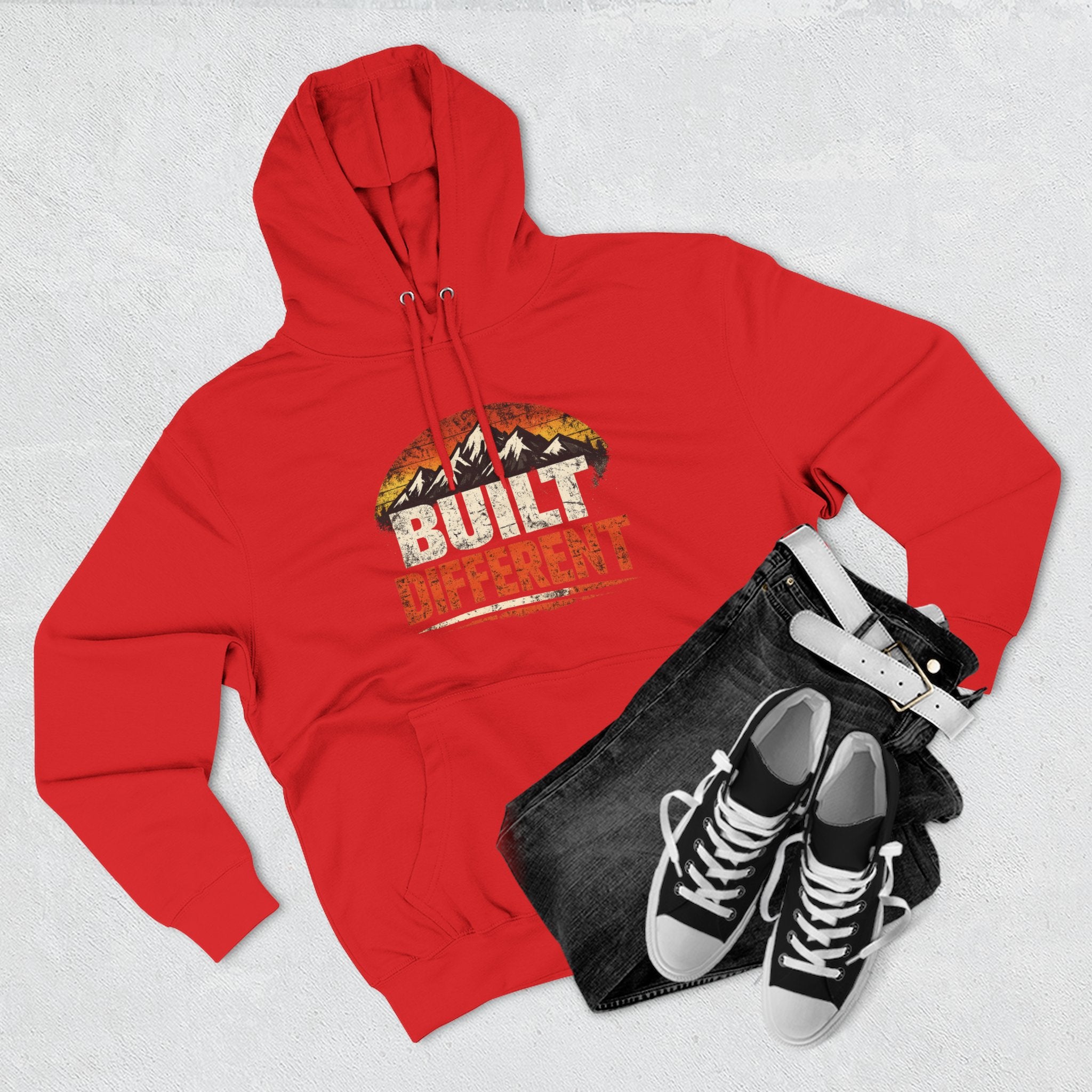 Built Different Hoodie — Retro Mountain "Train Harder, Work Harder" Graphic Hoodie