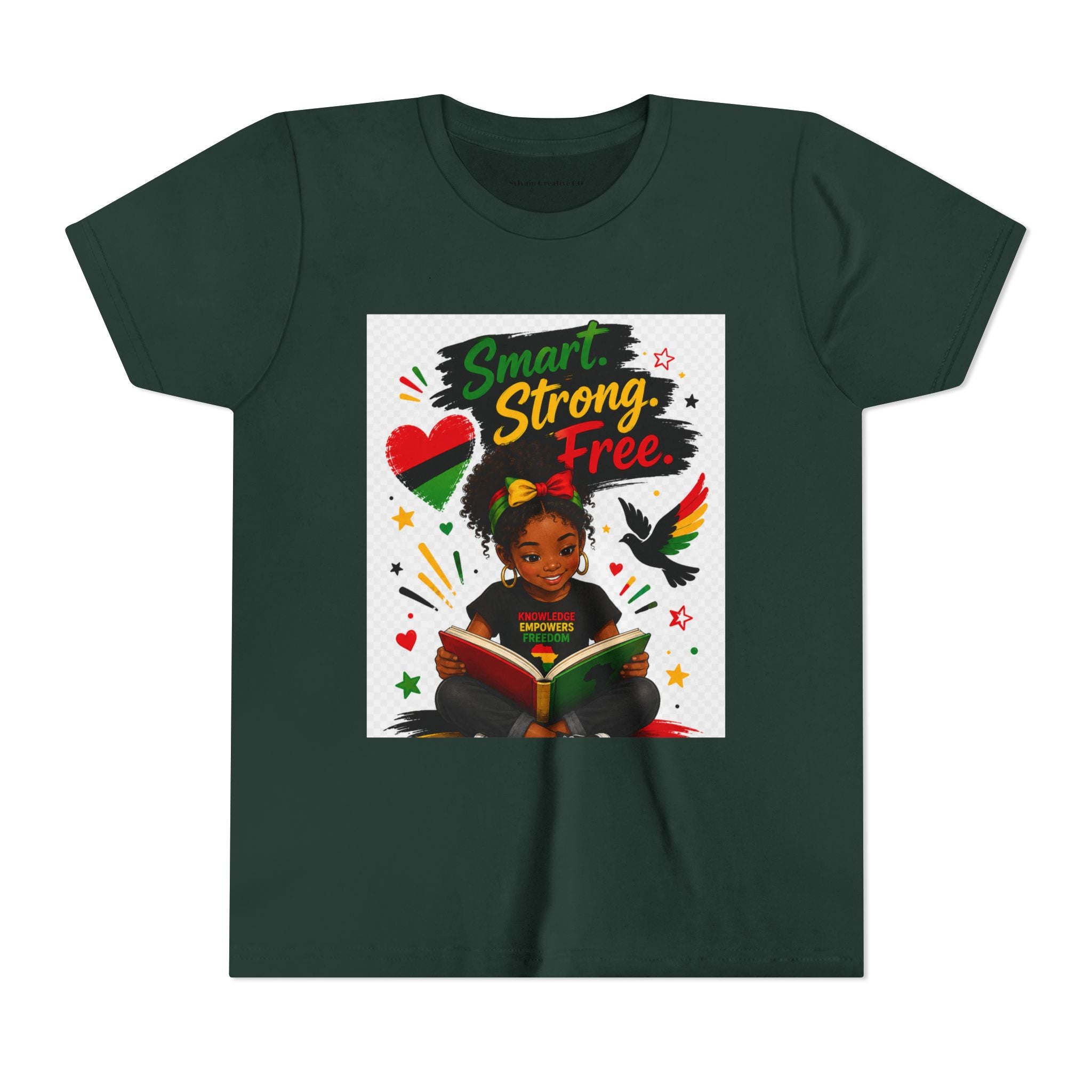 Juneteenth Youth Tee — "Smart. Strong. Free." Black Girl Reading Graphic Kid Shirt