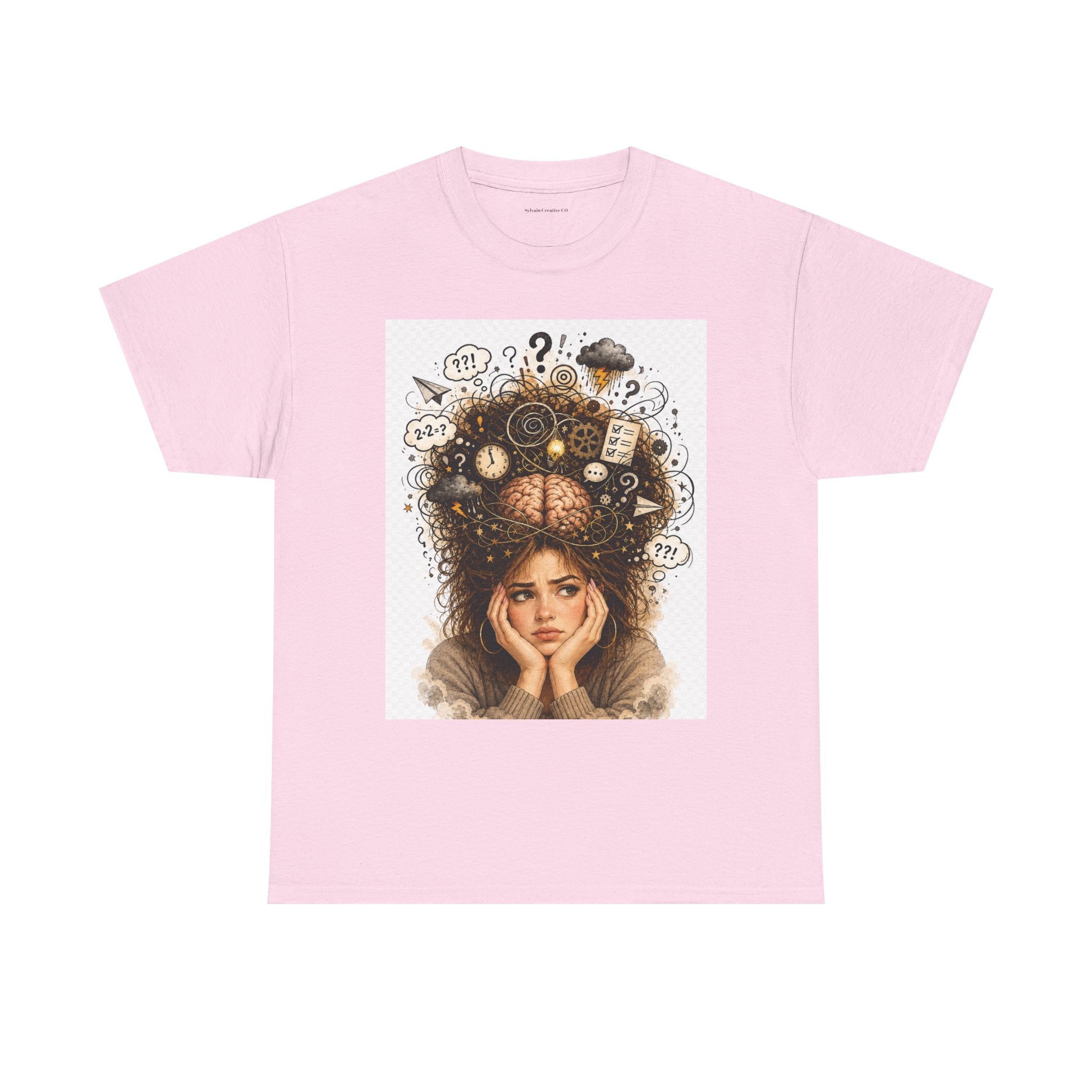 T-Shirt — Daydreaming Girl Illustration Tee (clock & question mark design)