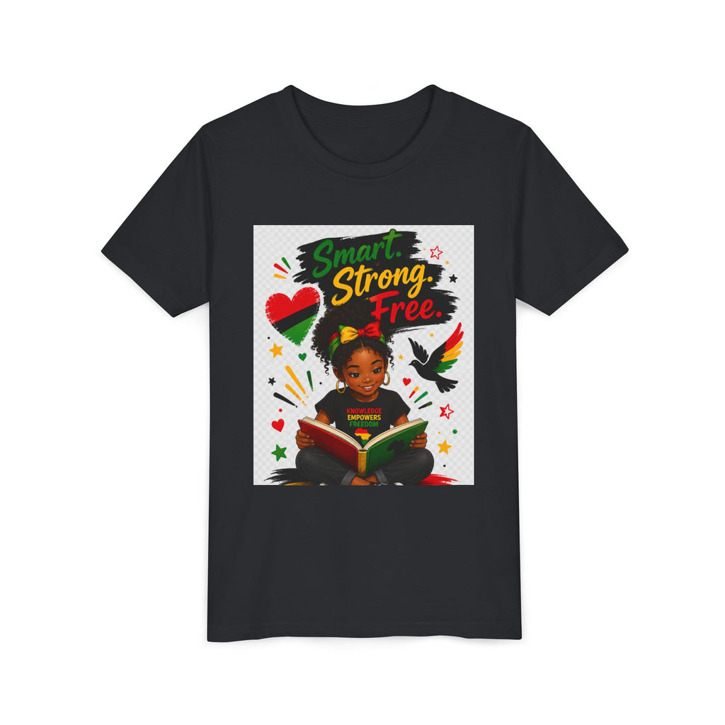 Juneteenth Youth Tee — "Smart. Strong. Free." Black Girl Reading Graphic Kid Shirt