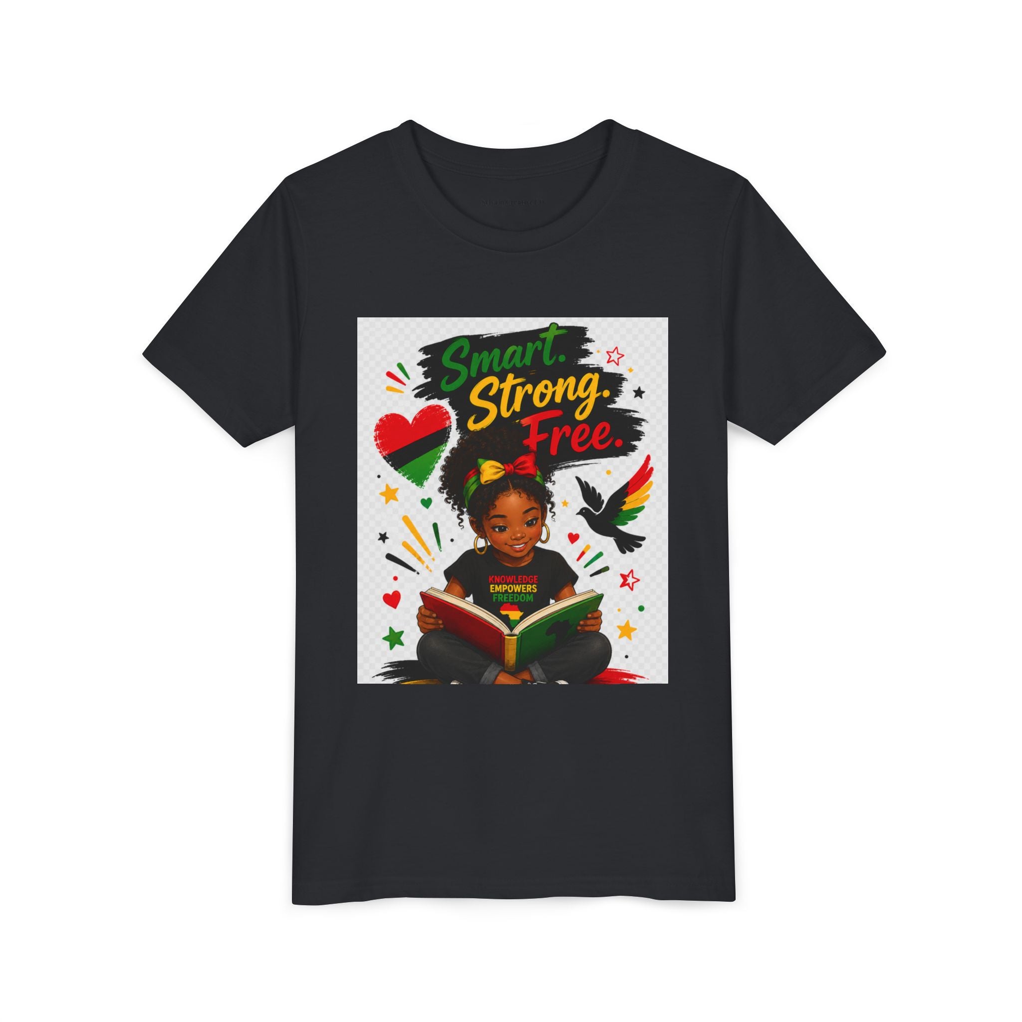 Juneteenth Youth Tee — "Smart. Strong. Free." Black Girl Reading Graphic Kid Shirt