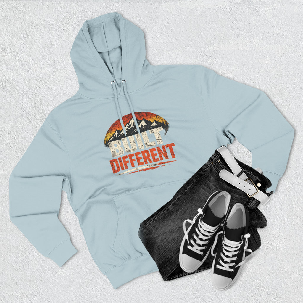 Built Different Hoodie — Retro Mountain "Train Harder, Work Harder" Graphic Hoodie
