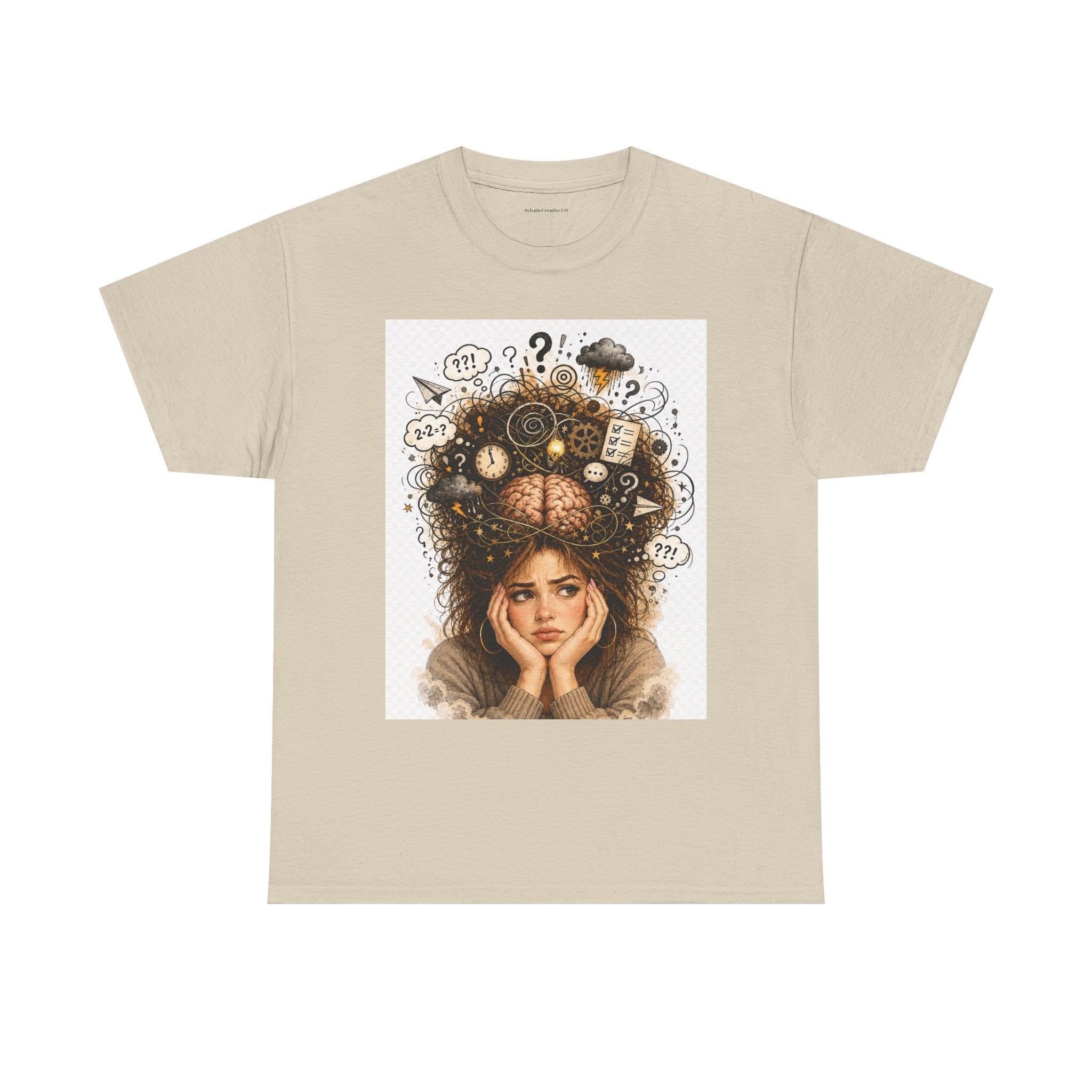T-Shirt — Daydreaming Girl Illustration Tee (clock & question mark design)