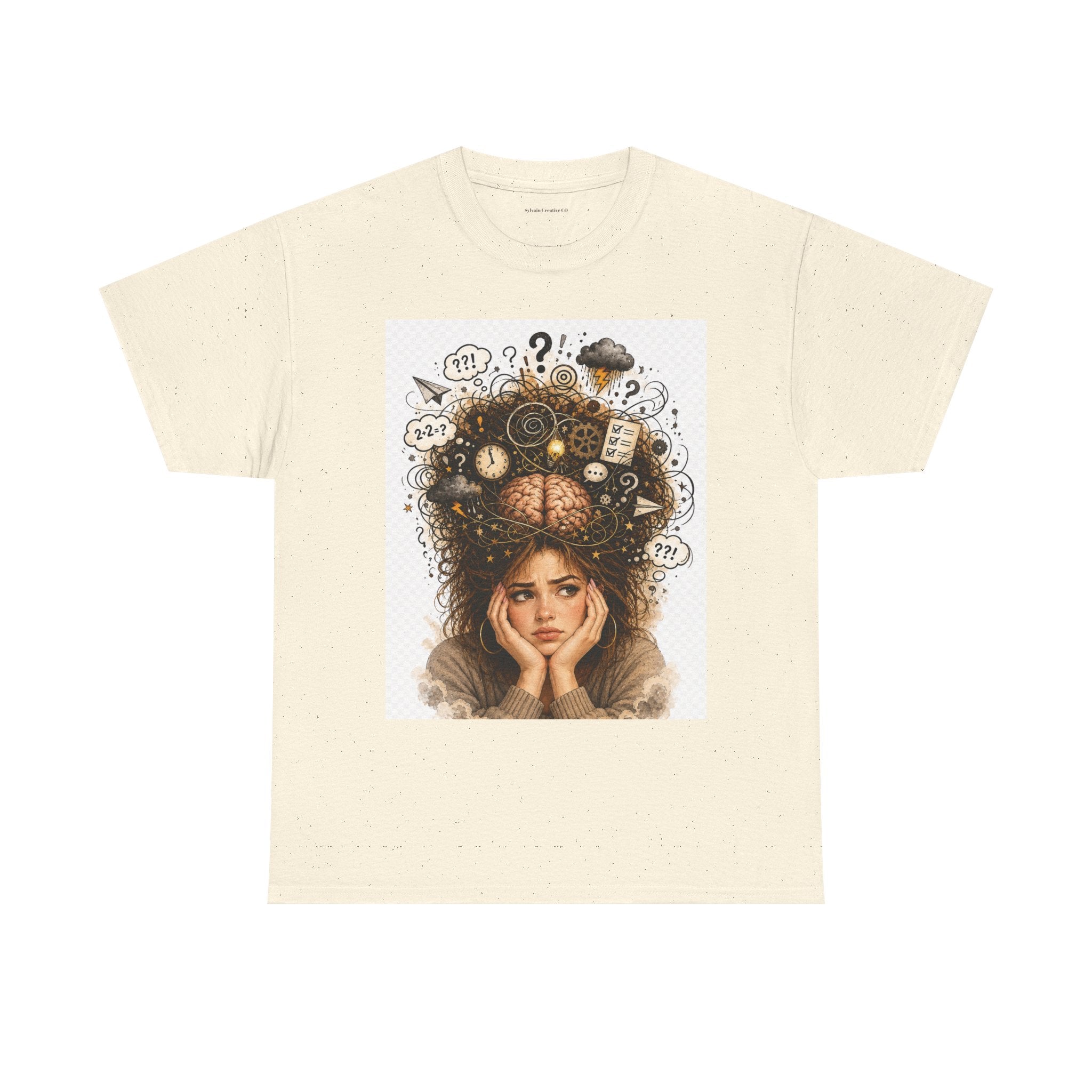 T-Shirt — Daydreaming Girl Illustration Tee (clock & question mark design)