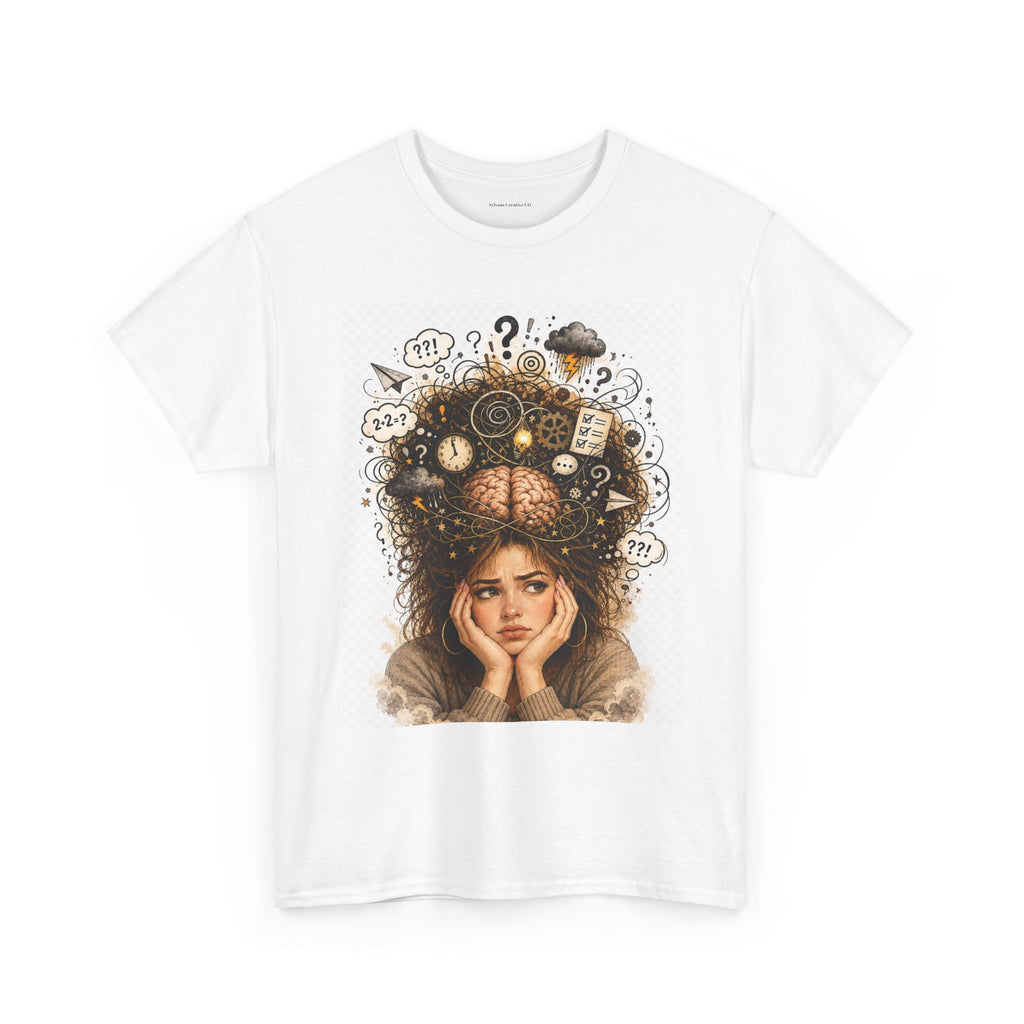 T-Shirt — Daydreaming Girl Illustration Tee (clock & question mark design)