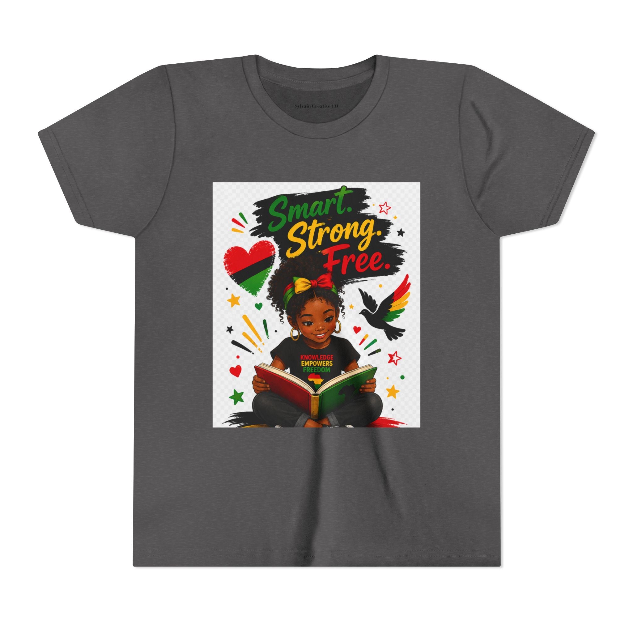 Juneteenth Youth Tee — "Smart. Strong. Free." Black Girl Reading Graphic Kid Shirt
