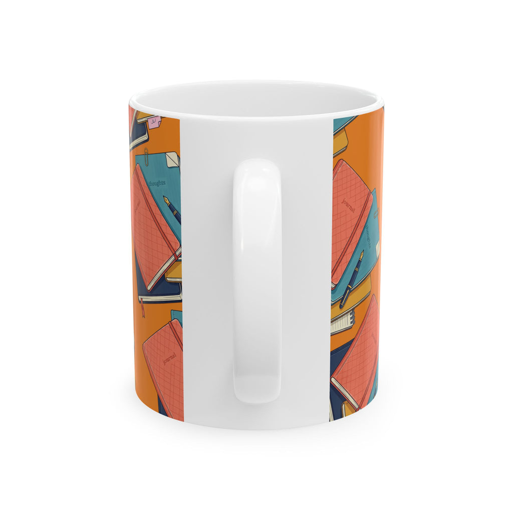 Notebook Stack Ceramic Mug — Cozy Orange Journaling Mug (11oz & 15oz)