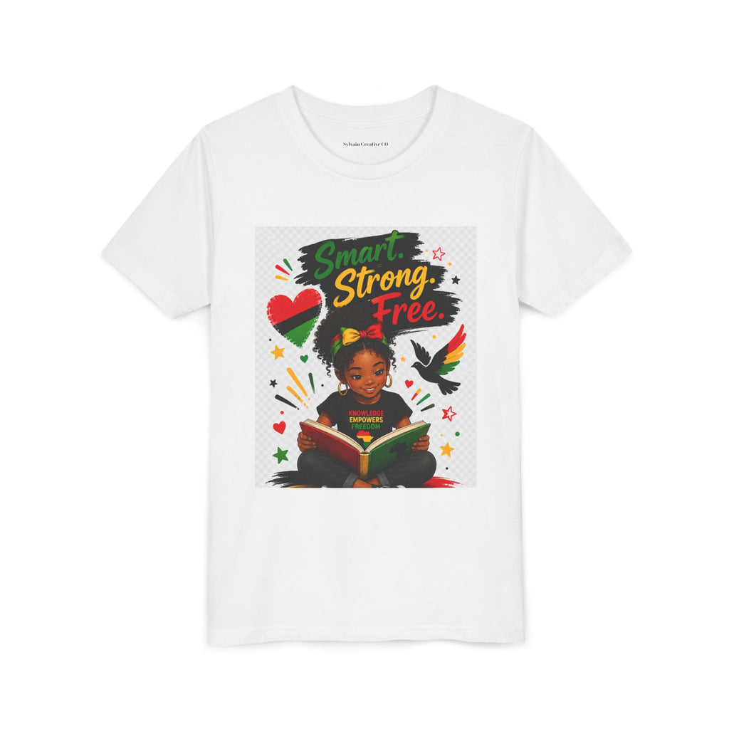 Juneteenth Youth Tee — "Smart. Strong. Free." Black Girl Reading Graphic Kid Shirt