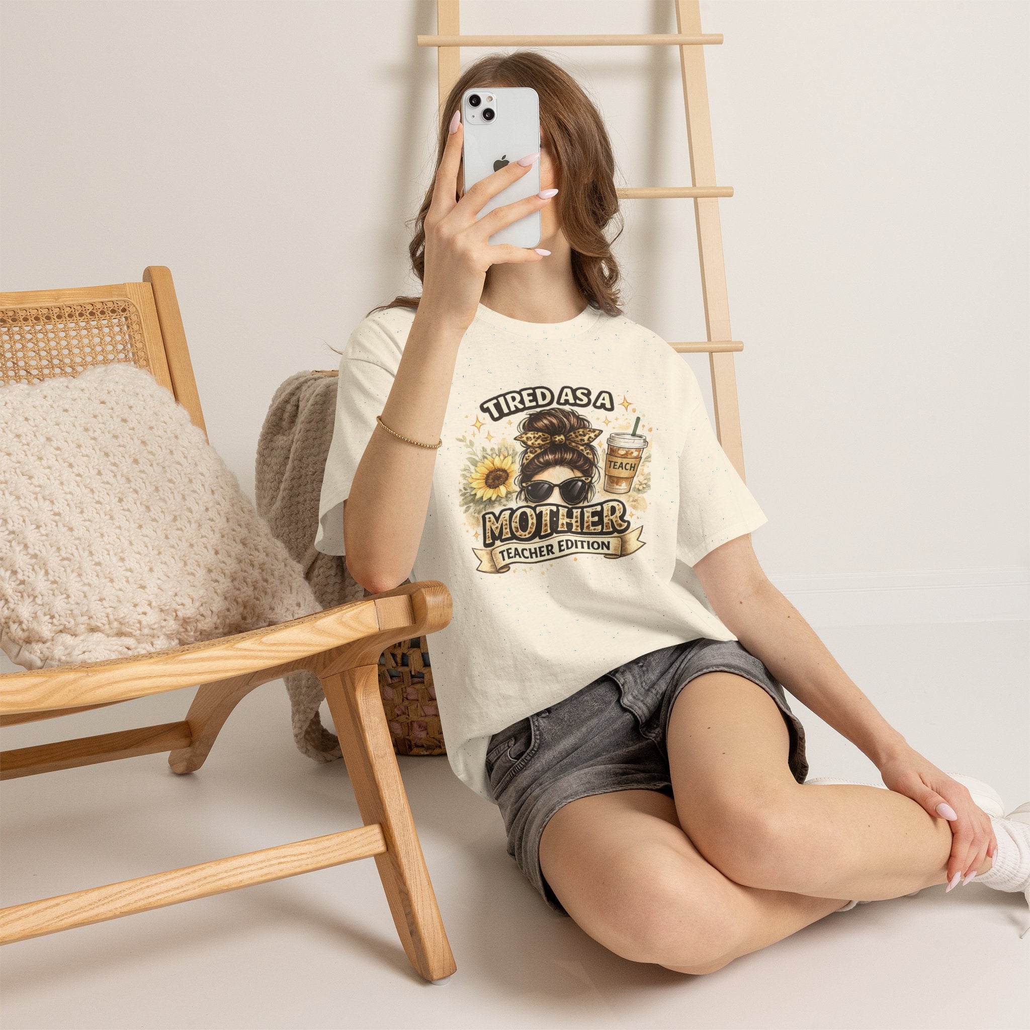 T-Shirt — "Tired as a Mother: Teacher Edition" Graphic Tee (Sunflower & Coffee Design)