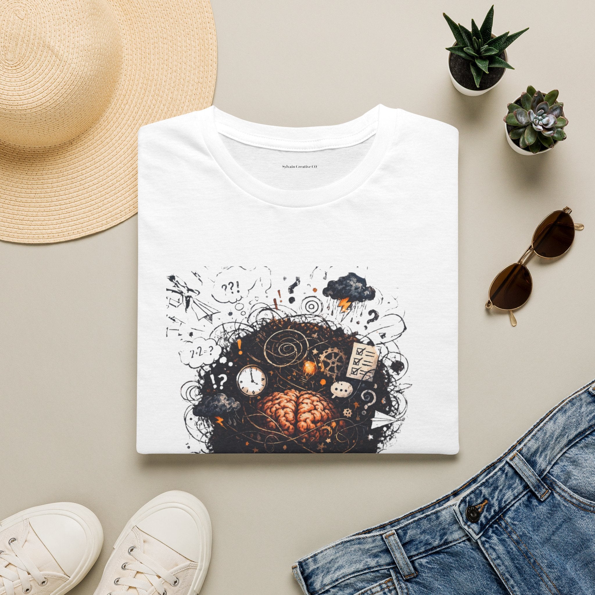 T-Shirt — 'Mindstorm' Graphic Tee Featuring Thoughtful Woman & Brain Doodle Art