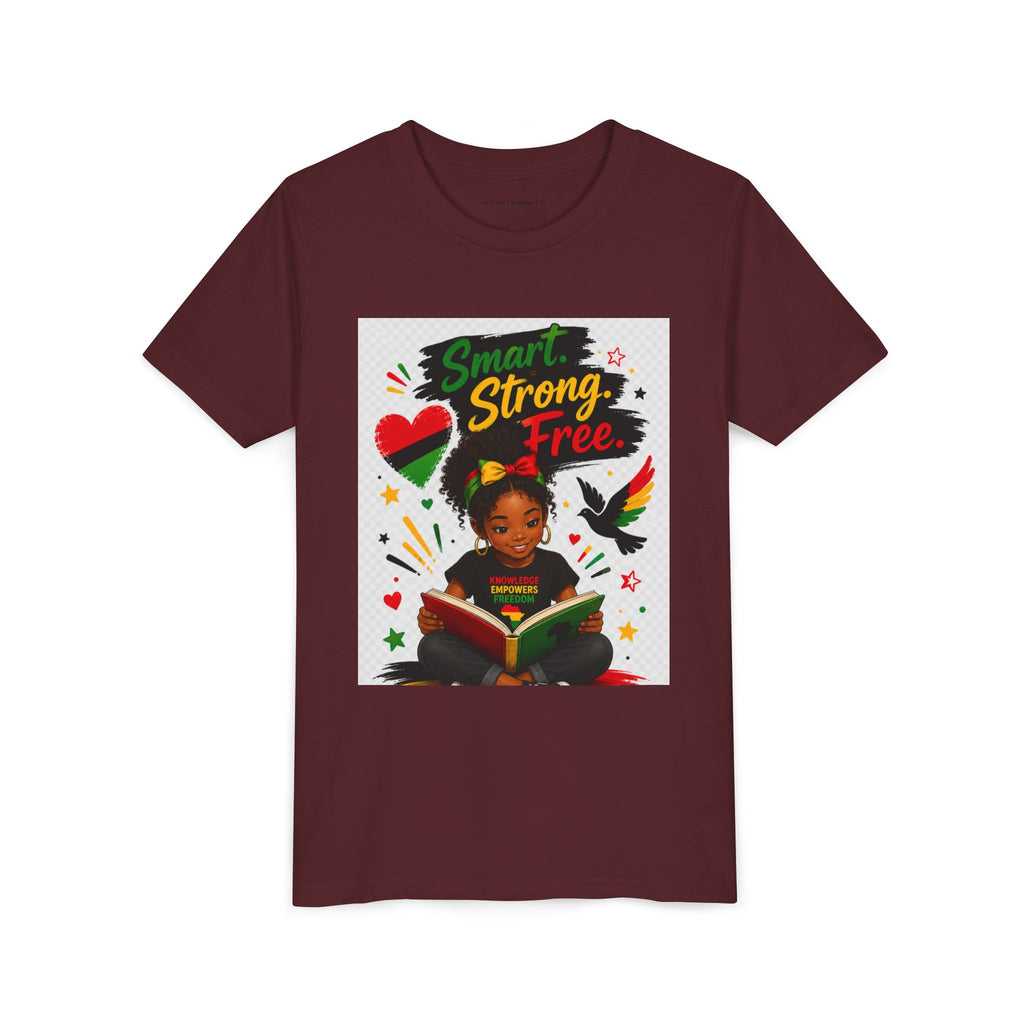Juneteenth Youth Tee — "Smart. Strong. Free." Black Girl Reading Graphic Kid Shirt