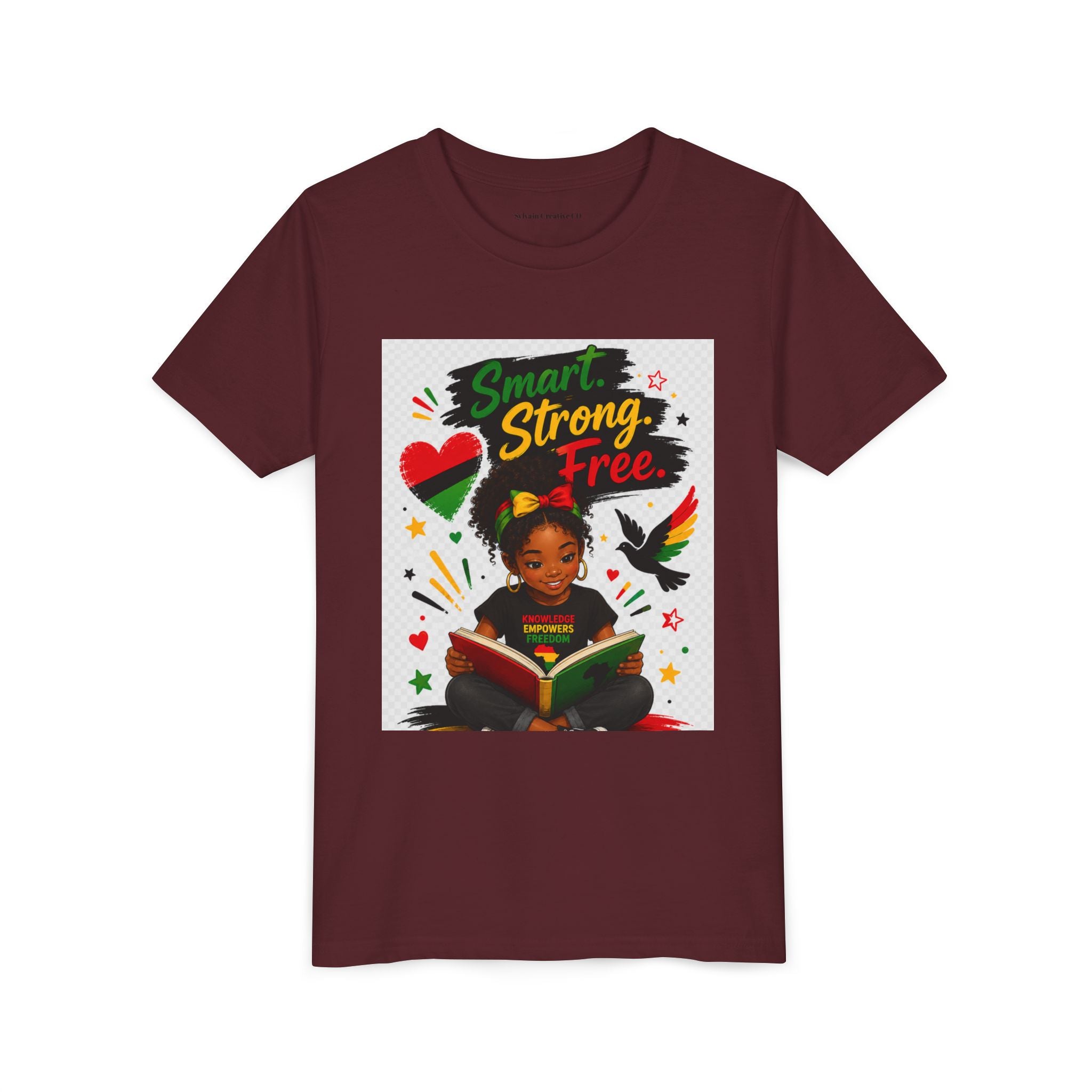 Juneteenth Youth Tee — "Smart. Strong. Free." Black Girl Reading Graphic Kid Shirt