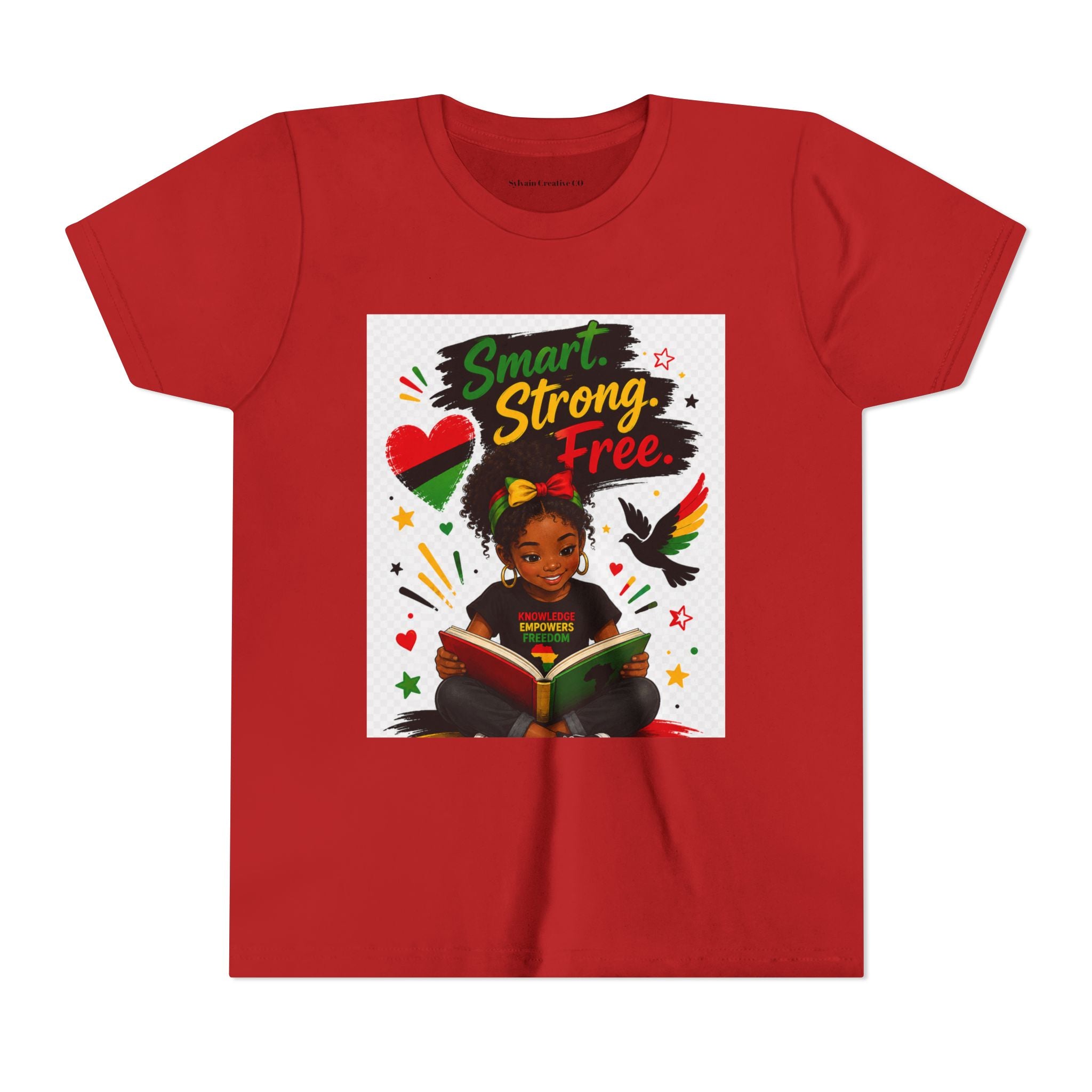 Juneteenth Youth Tee — "Smart. Strong. Free." Black Girl Reading Graphic Kid Shirt