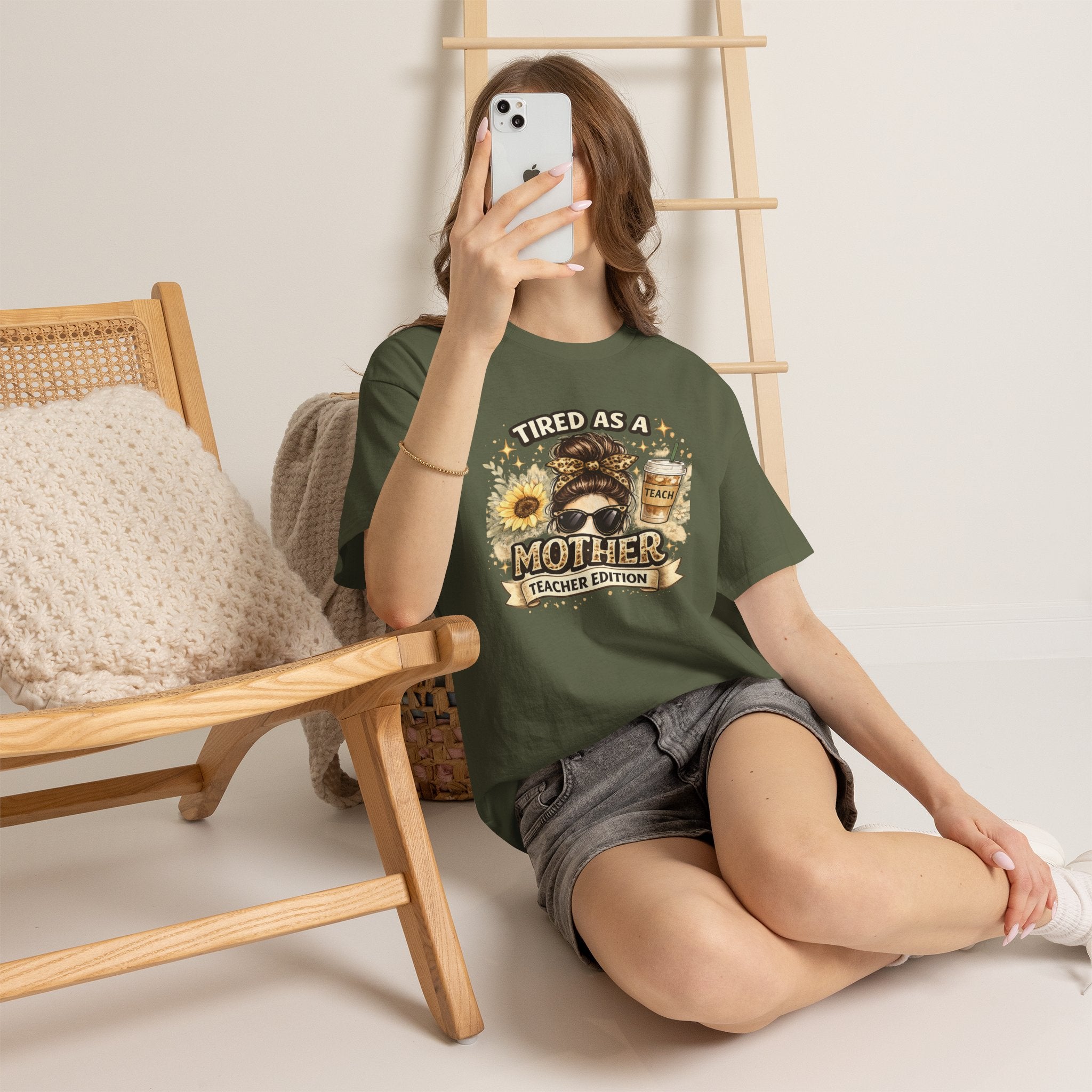 T-Shirt — "Tired as a Mother: Teacher Edition" Graphic Tee (Sunflower & Coffee Design)