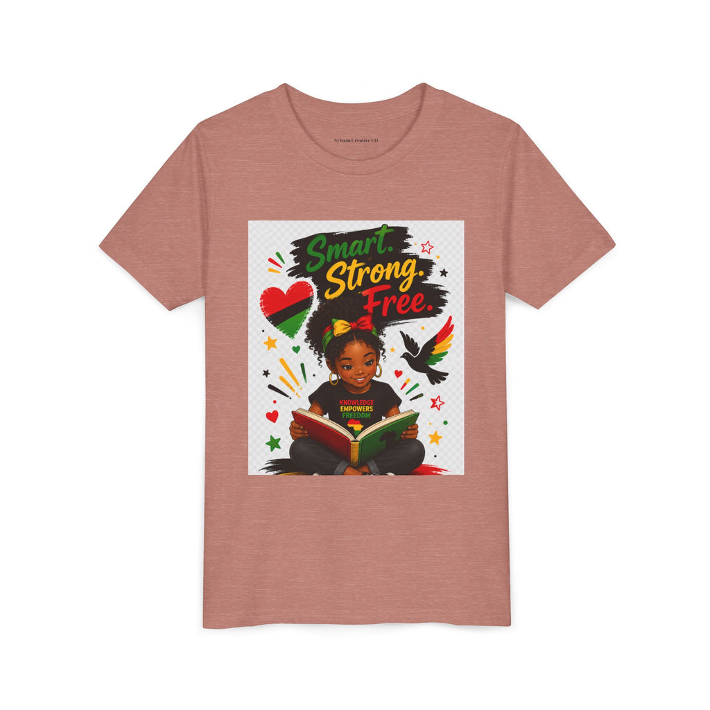 Juneteenth Youth Tee — "Smart. Strong. Free." Black Girl Reading Graphic Kid Shirt