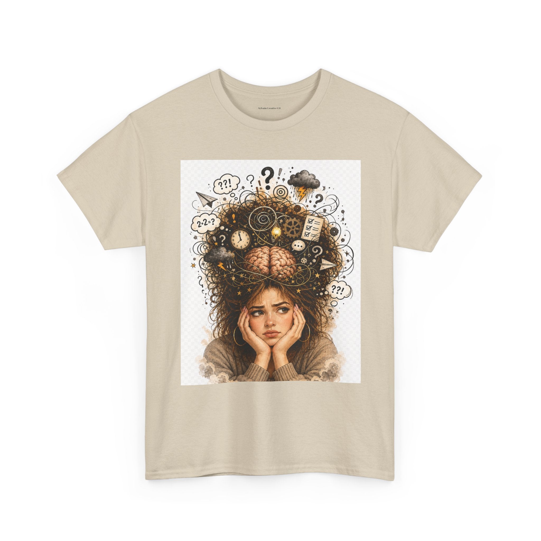 T-Shirt — Daydreaming Girl Illustration Tee (clock & question mark design)