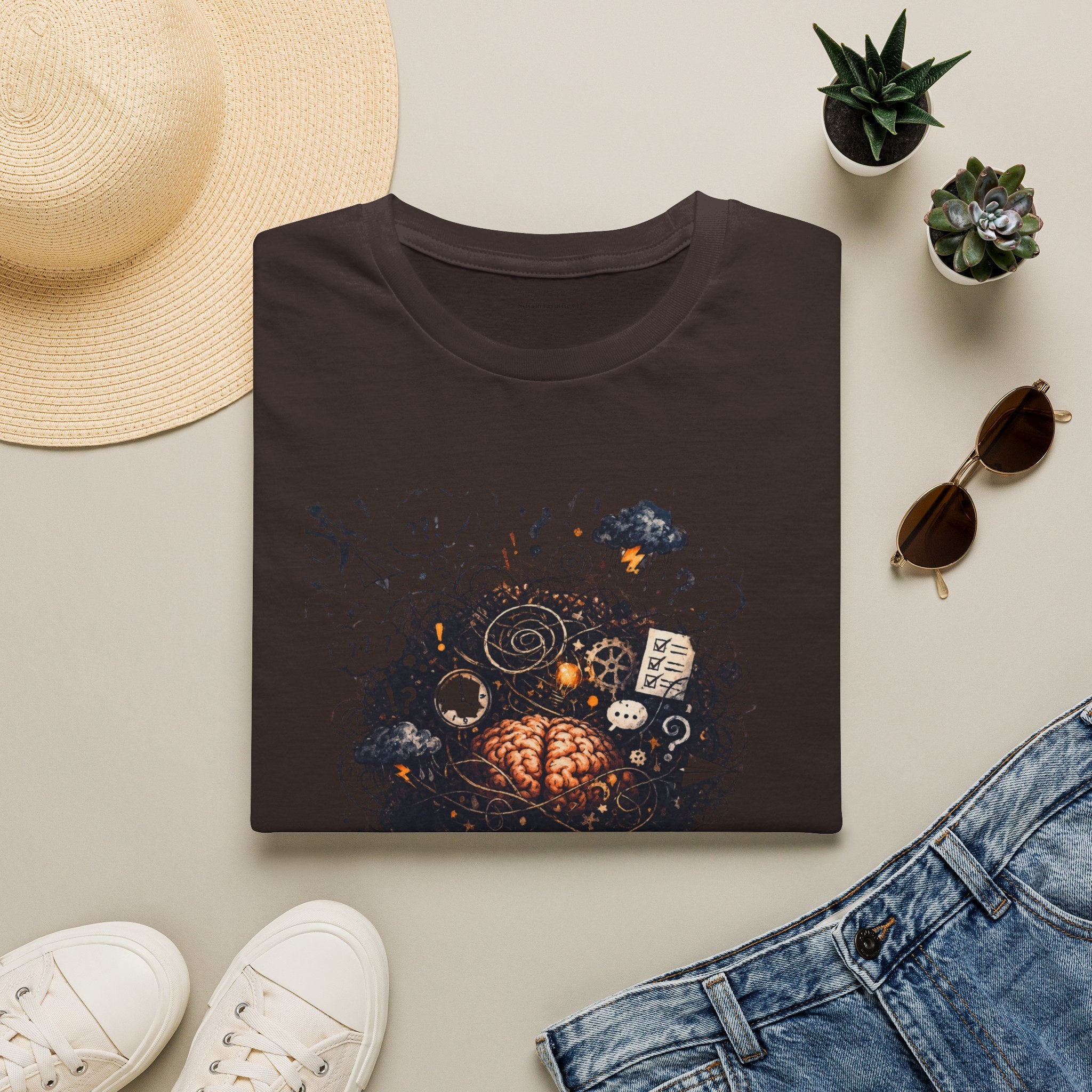 T-Shirt — 'Mindstorm' Graphic Tee Featuring Thoughtful Woman & Brain Doodle Art