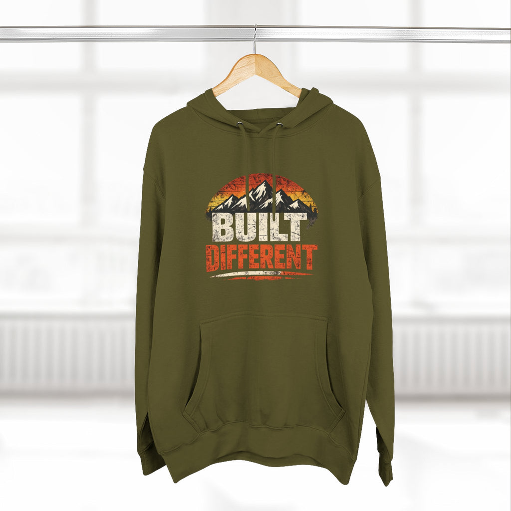 Built Different Hoodie — Retro Mountain "Train Harder, Work Harder" Graphic Hoodie