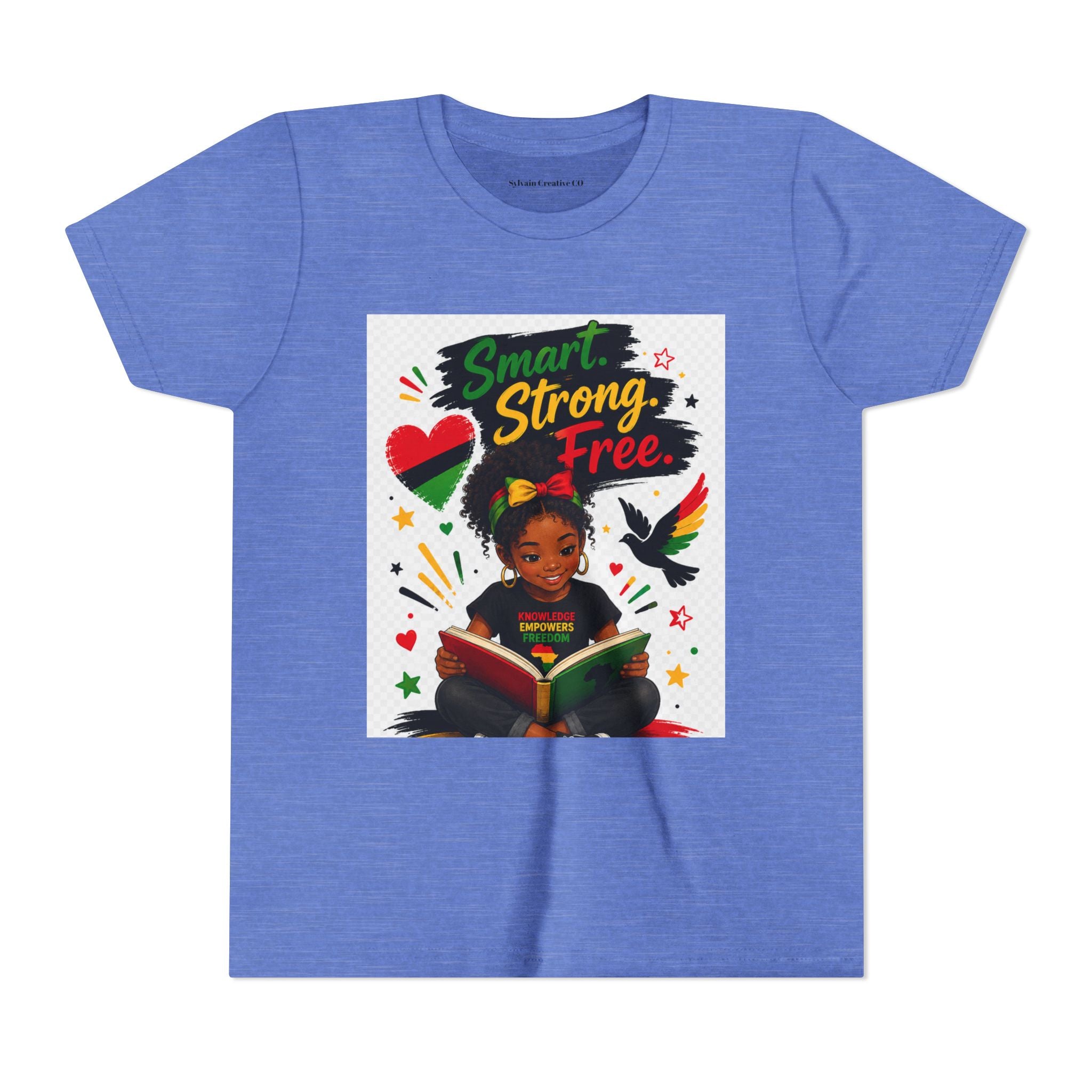 Juneteenth Youth Tee — "Smart. Strong. Free." Black Girl Reading Graphic Kid Shirt