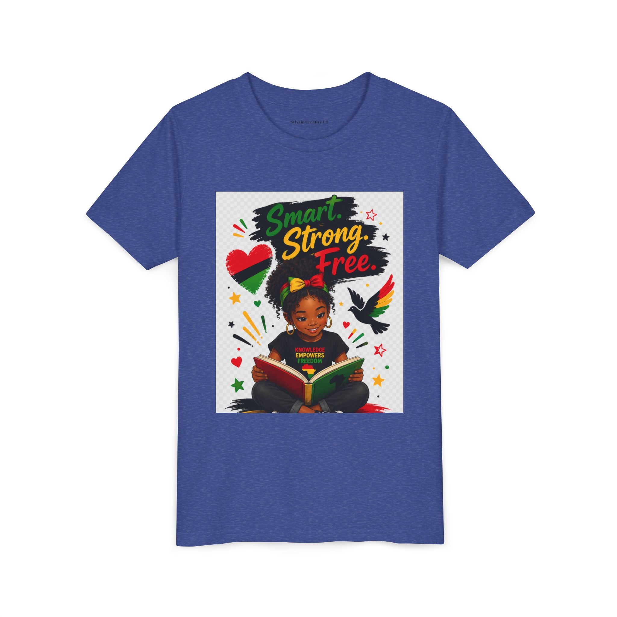 Juneteenth Youth Tee — "Smart. Strong. Free." Black Girl Reading Graphic Kid Shirt
