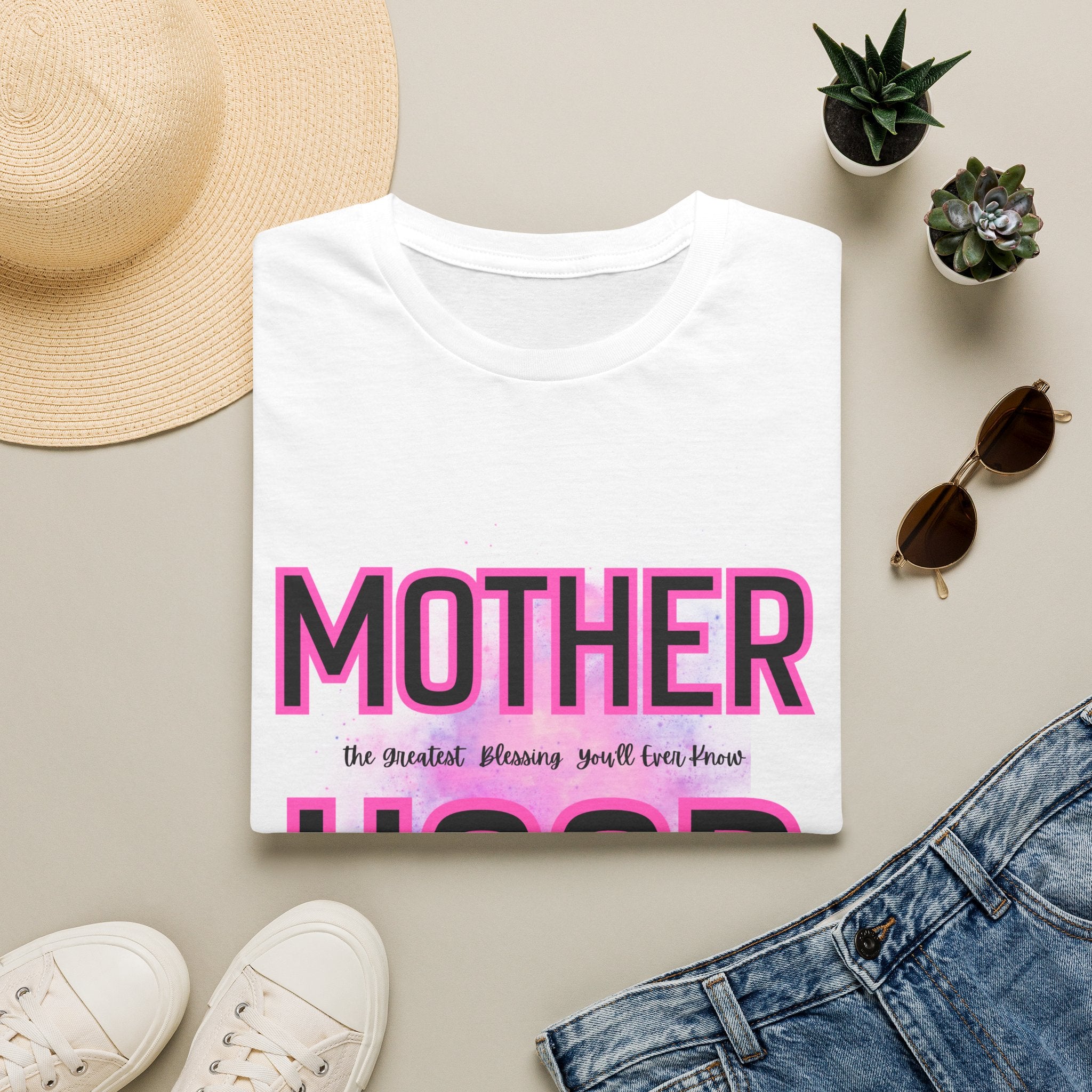 Motherhood Hood T‑Shirt — "Mother Hood" Bold Pink Typography Tee for New Moms & Mother's Day