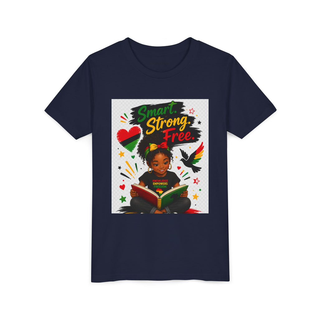 Juneteenth Youth Tee — "Smart. Strong. Free." Black Girl Reading Graphic Kid Shirt