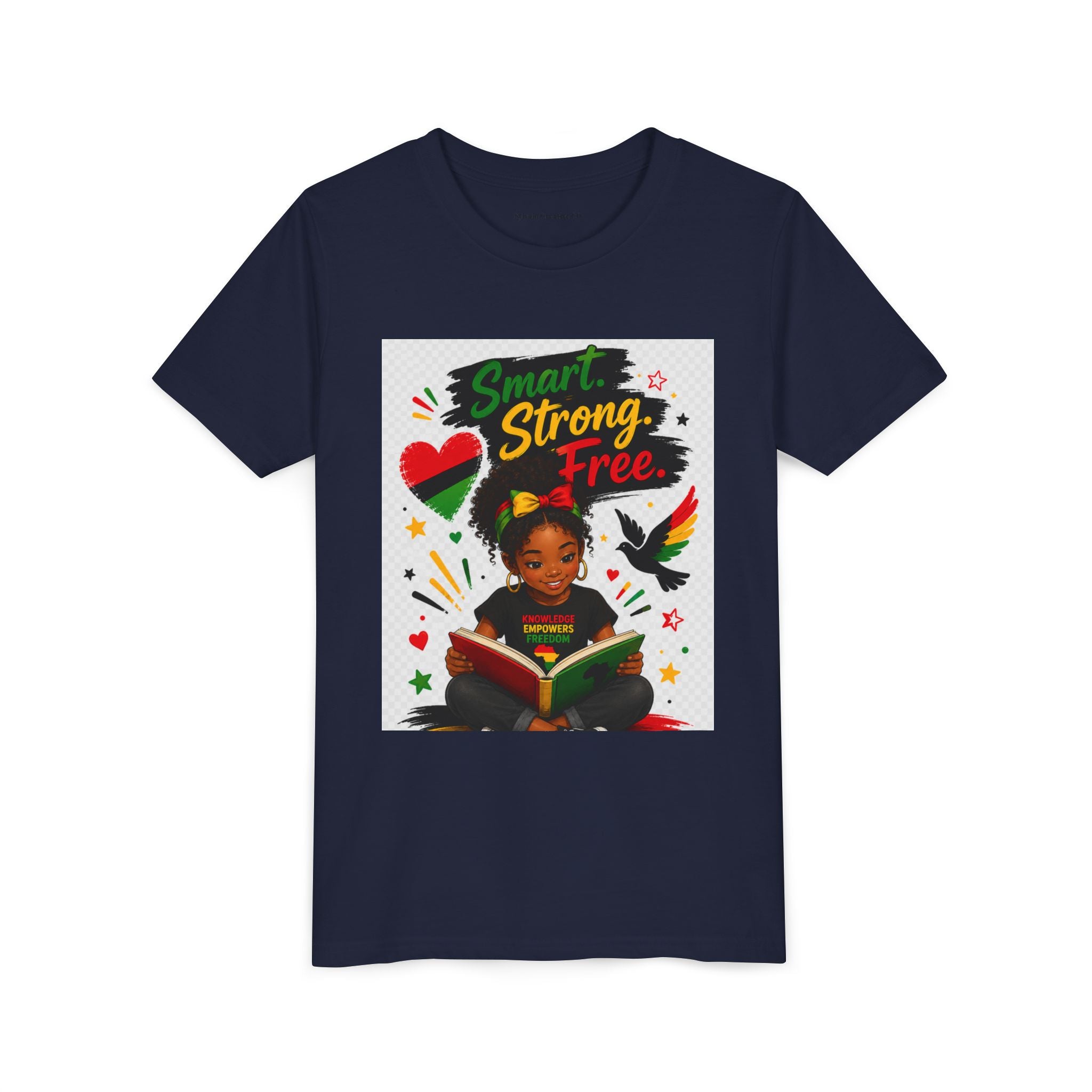 Juneteenth Youth Tee — "Smart. Strong. Free." Black Girl Reading Graphic Kid Shirt