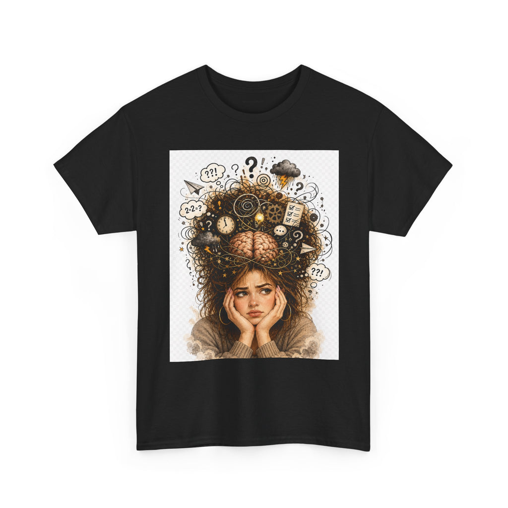 T-Shirt — Daydreaming Girl Illustration Tee (clock & question mark design)