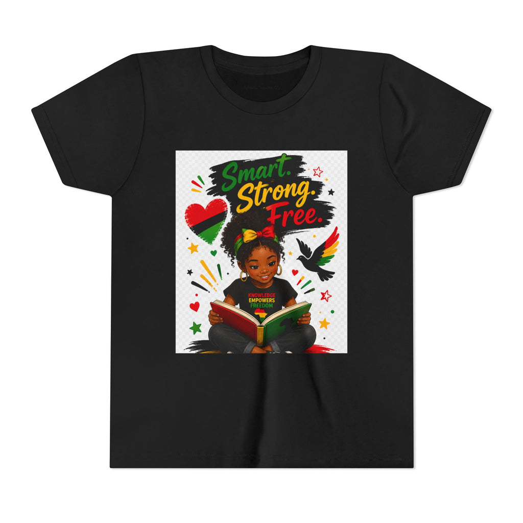 Juneteenth Youth Tee — "Smart. Strong. Free." Black Girl Reading Graphic Kid Shirt