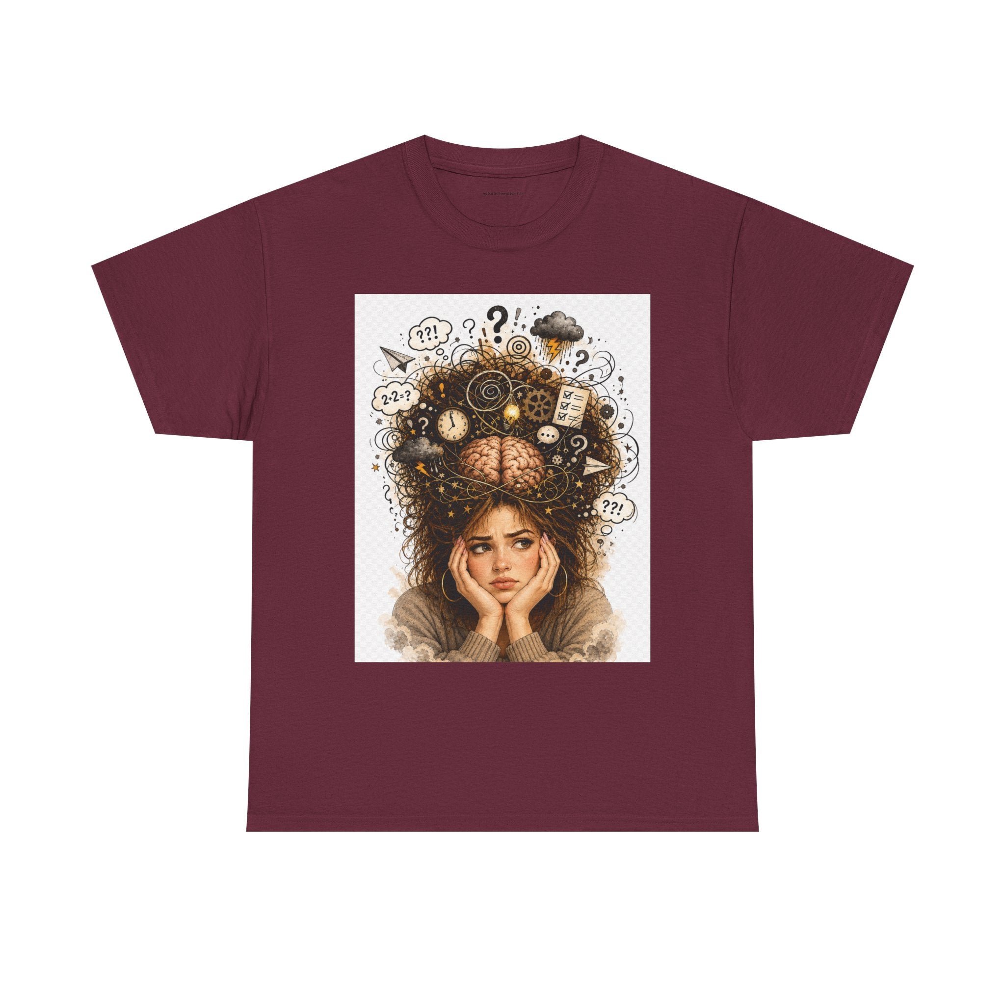 T-Shirt — Daydreaming Girl Illustration Tee (clock & question mark design)